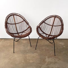 Pair of Mid Century Italian Sculpted Rattan & Iron Chairs