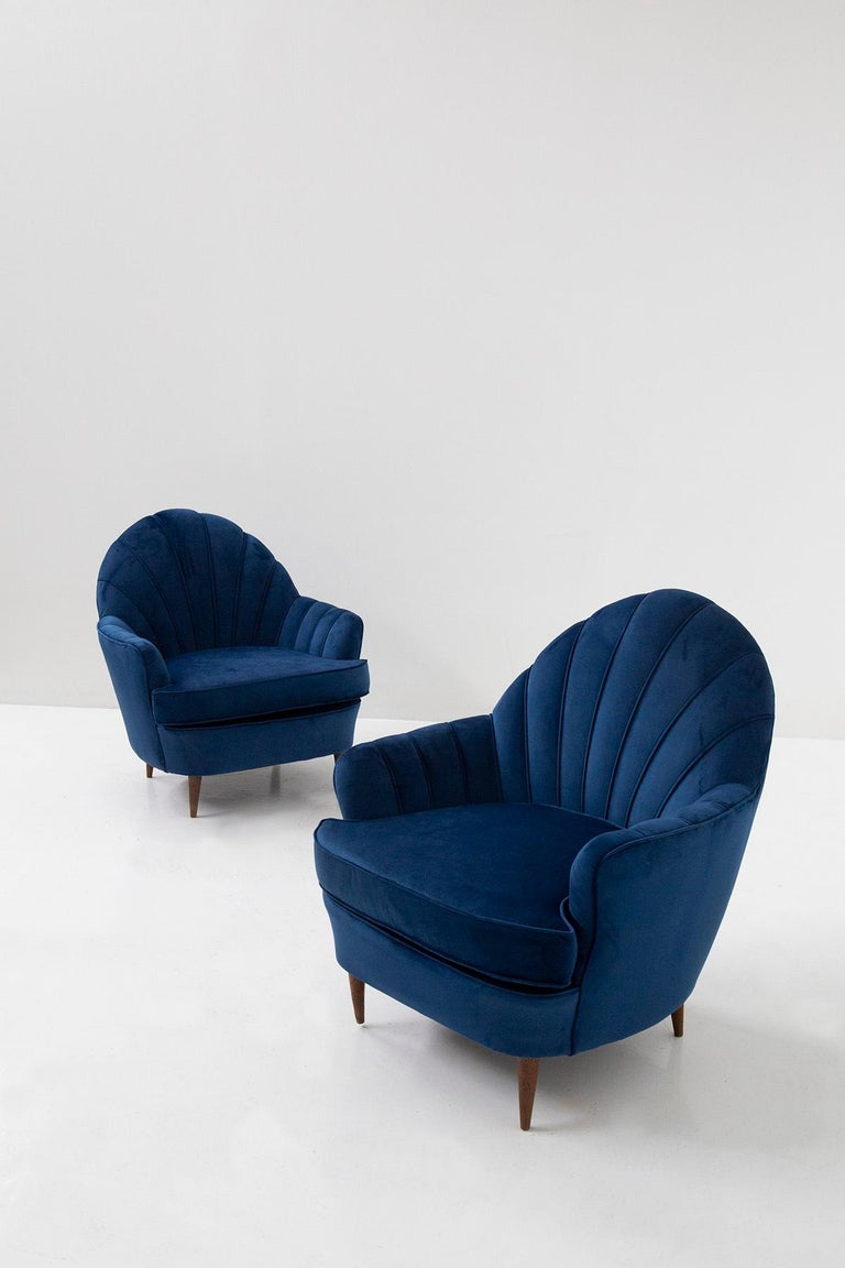 Shell Chair Blue Pair of Midcentury Italian Shell Chairs in Blue Velvet For Sale at 1stDibs