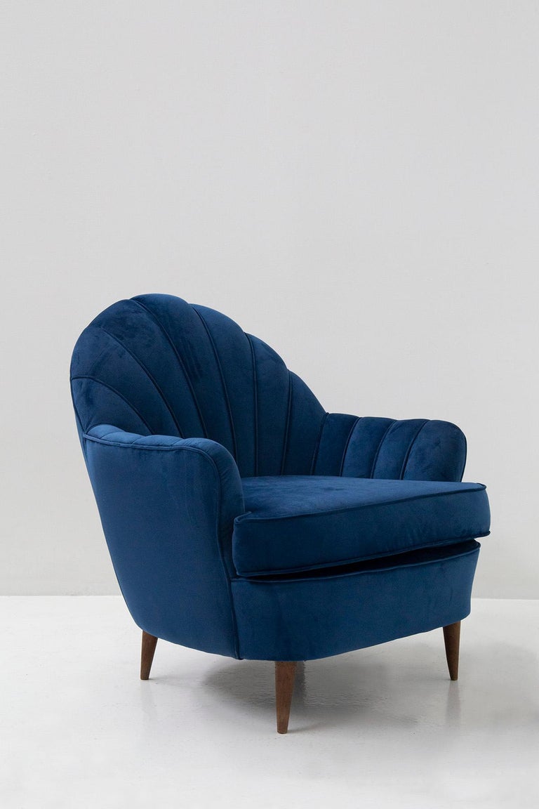 Shell Chair Blue Pair of Midcentury Italian Shell Chairs in Blue Velvet For Sale at 1stDibs