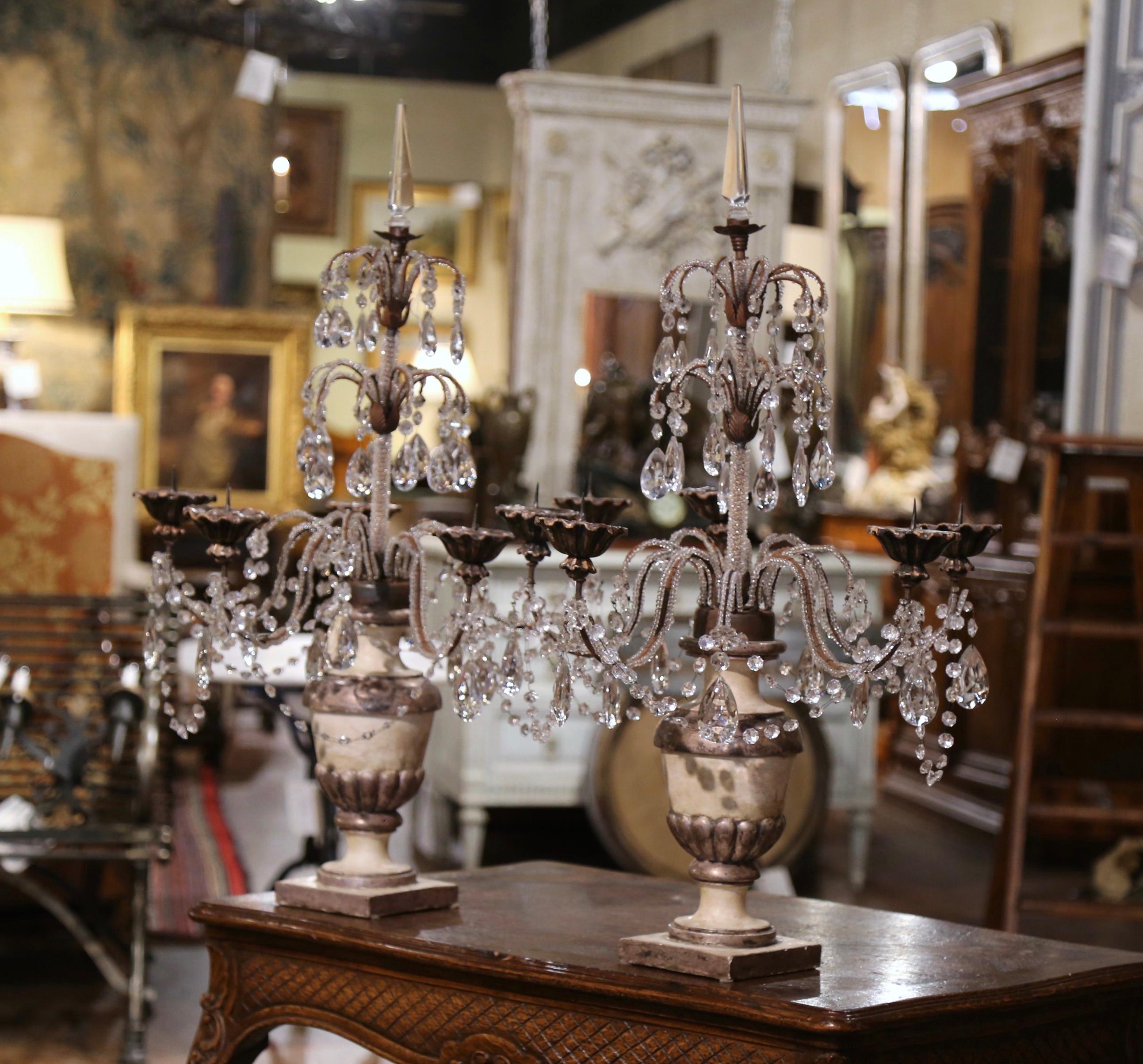 Pair of Mid-Century Italian Silver and Gilt Painted Five-Light Girandoles For Sale 3