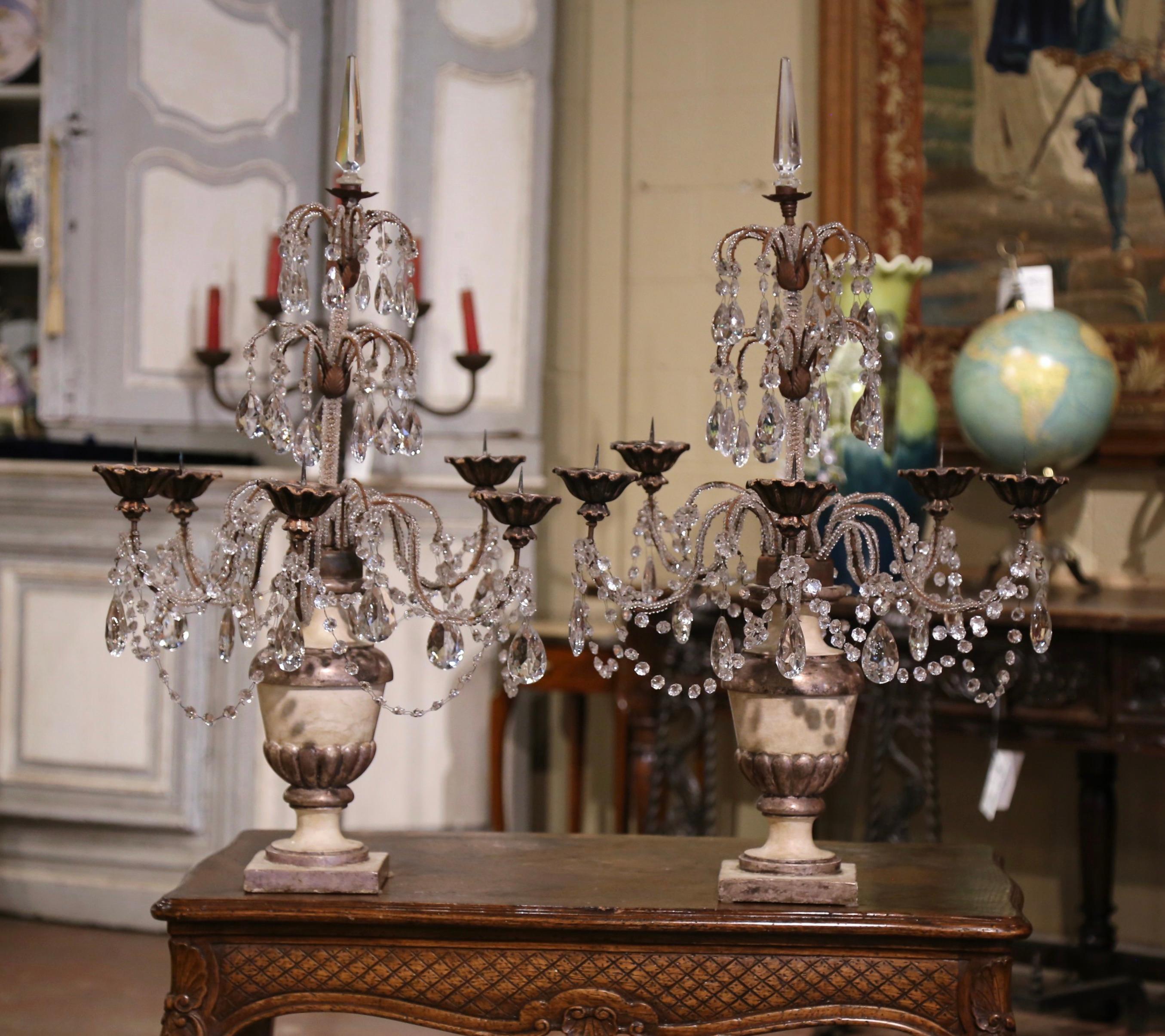 Hand-Crafted Pair of Mid-Century Italian Silver and Gilt Painted Five-Light Girandoles For Sale