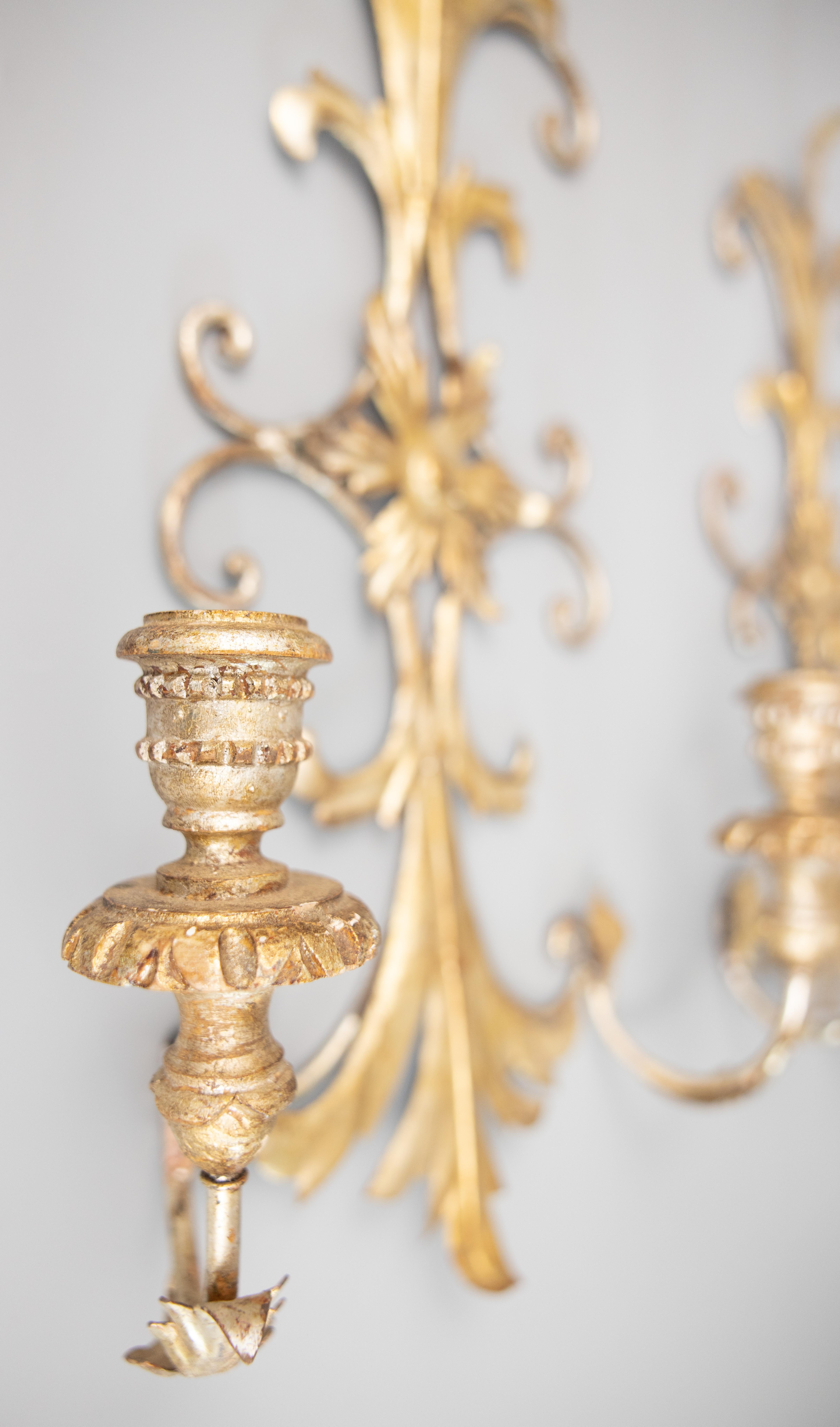 Pair of Mid-Century Italian Silver Gilt Tole Candle Candelabra Sconces In Good Condition In Pearland, TX