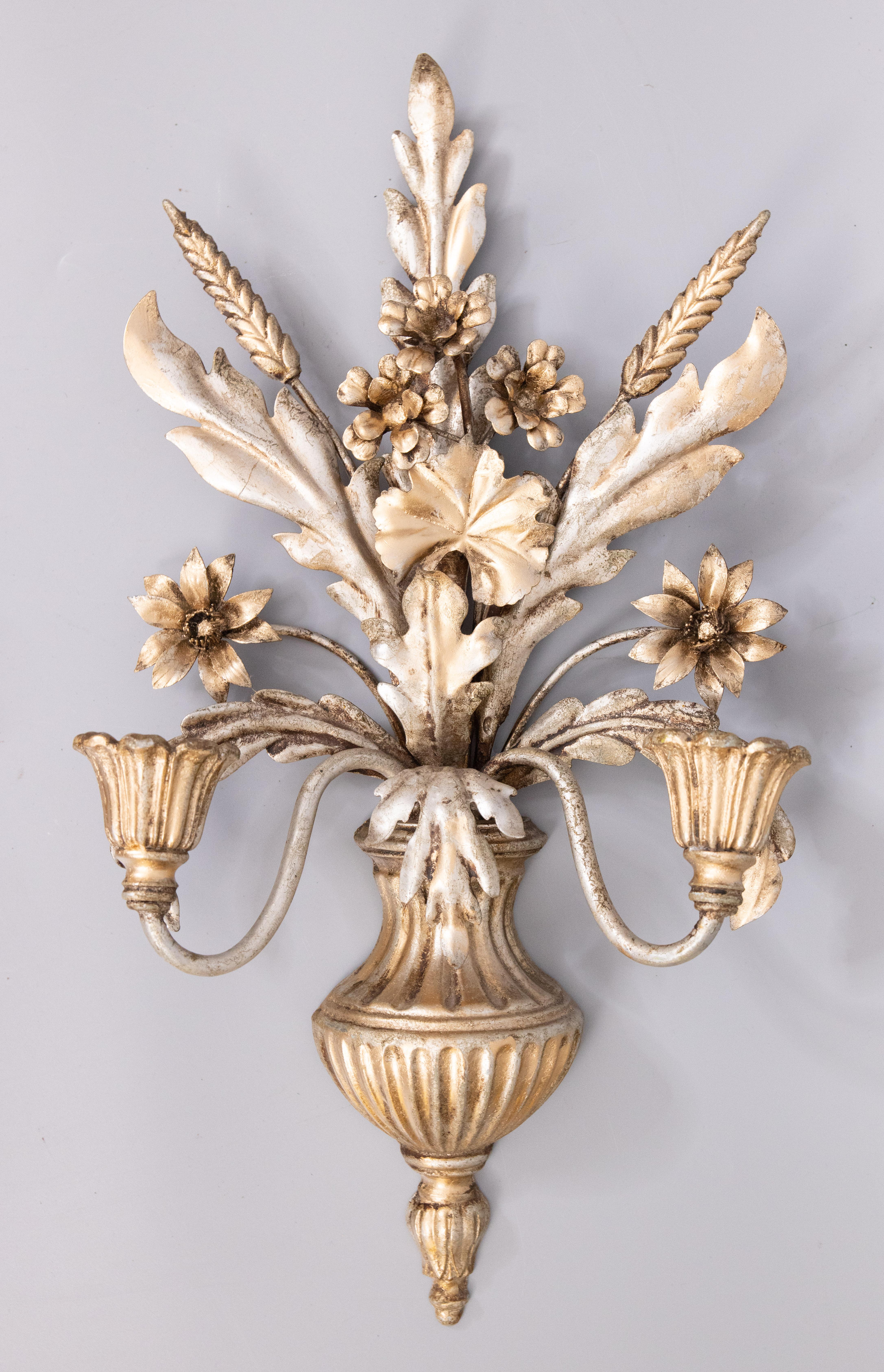 Pair of Mid-Century Italian Silver Gilt Tole Floral Wheat Candle Sconces In Good Condition In Pearland, TX