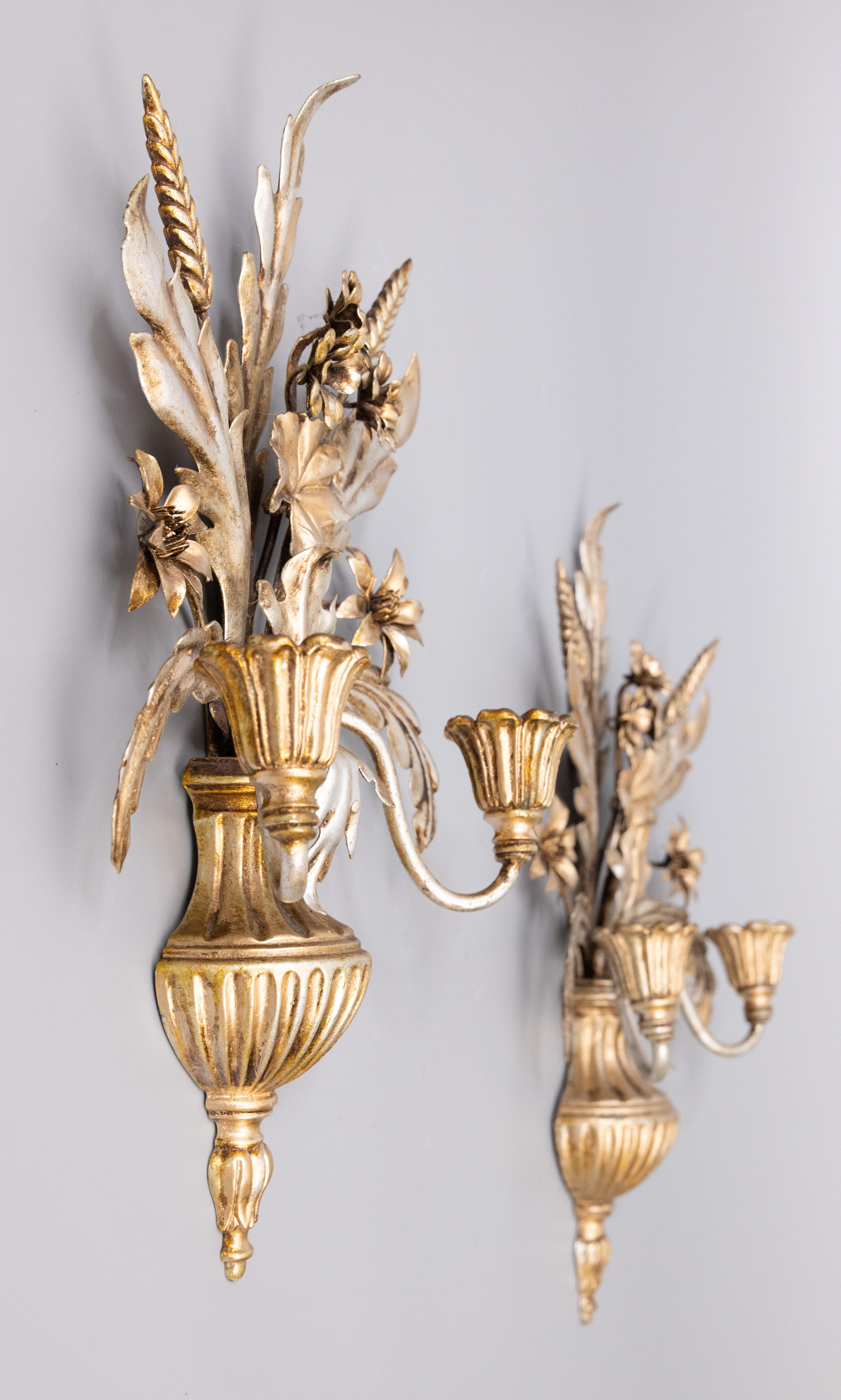 20th Century Pair of Mid-Century Italian Silver Gilt Tole Floral Wheat Candle Sconces