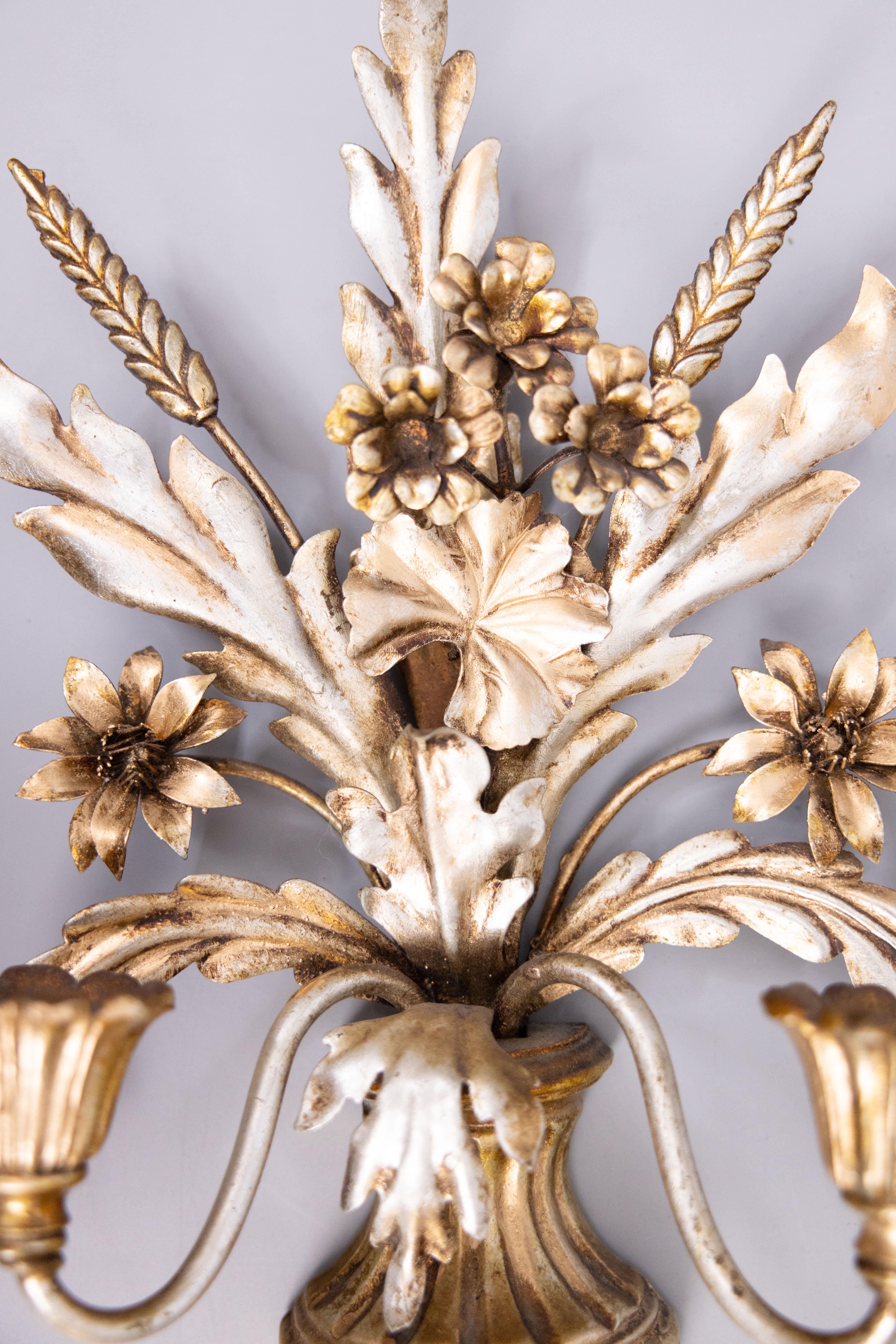 Tôle Pair of Mid-Century Italian Silver Gilt Tole Floral Wheat Candle Sconces