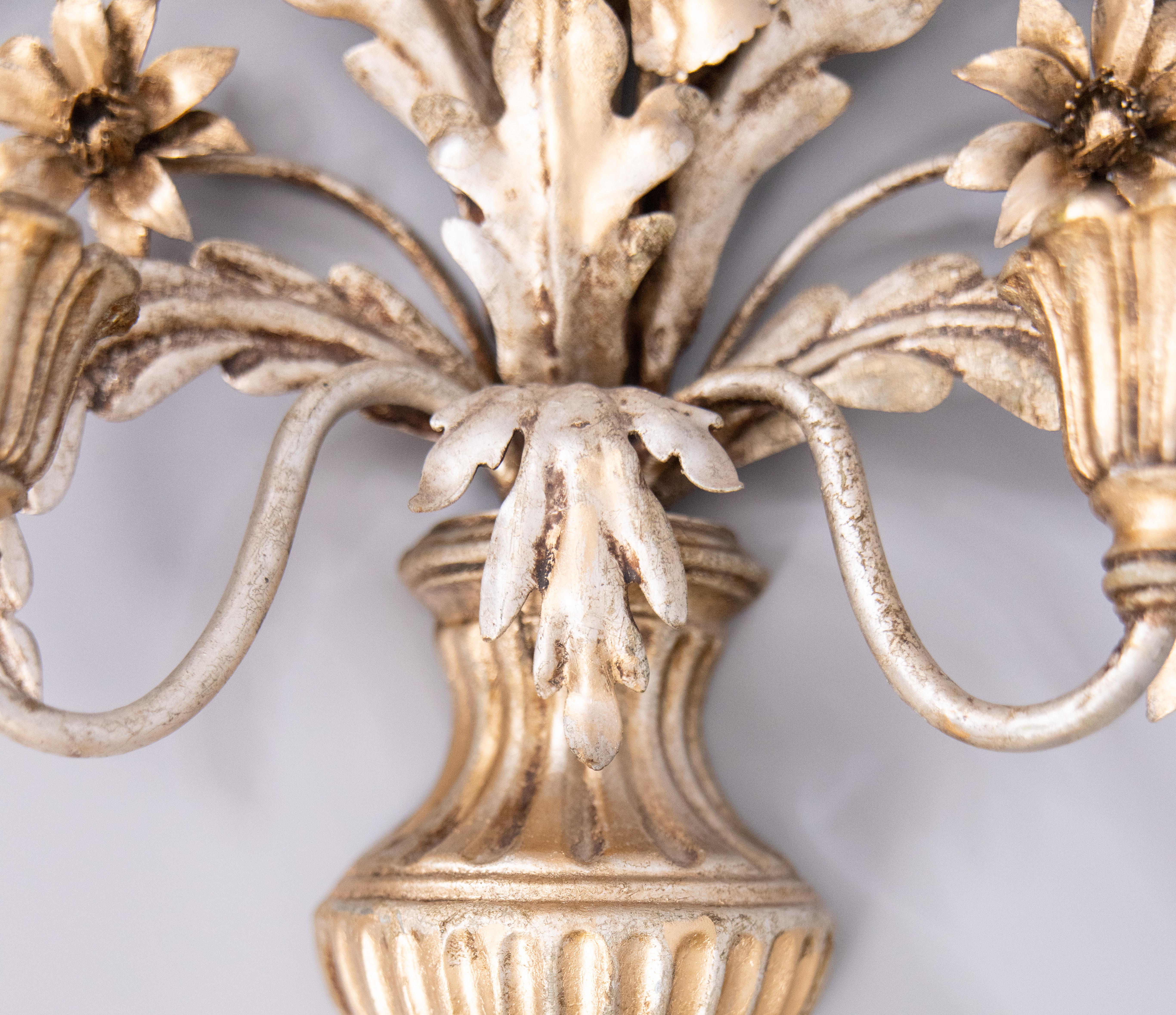 Pair of Mid-Century Italian Silver Gilt Tole Floral Wheat Candle Sconces 1