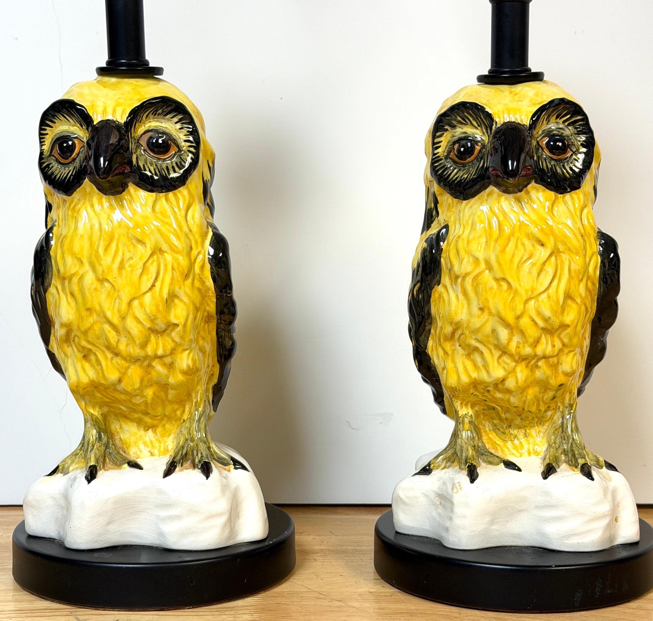 Mid-Century Modern Pair of Mid-Century Italian Spectacled Owl Pottery Lamps, 1960s For Sale