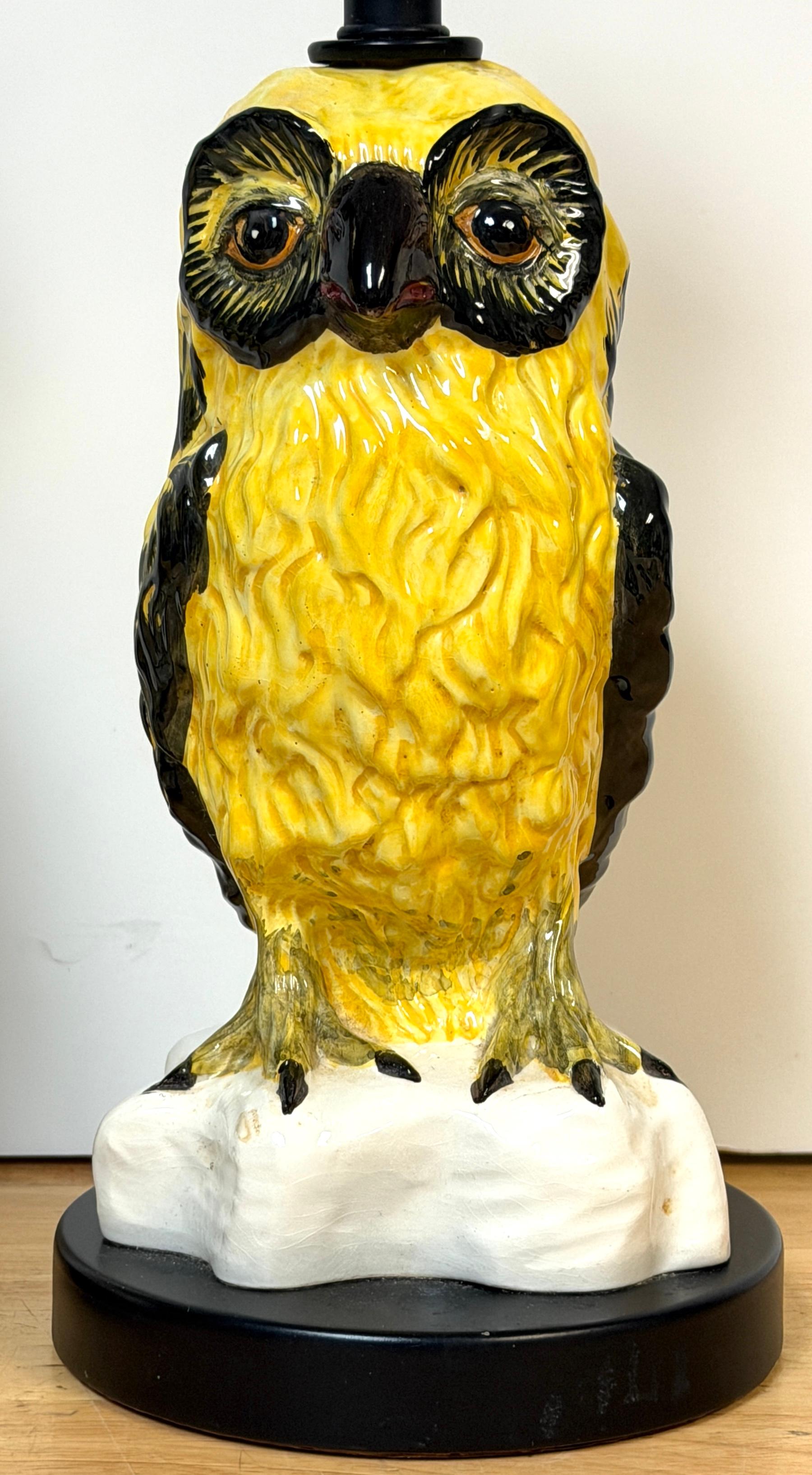 Hand-Painted Pair of Mid-Century Italian Spectacled Owl Pottery Lamps, 1960s For Sale