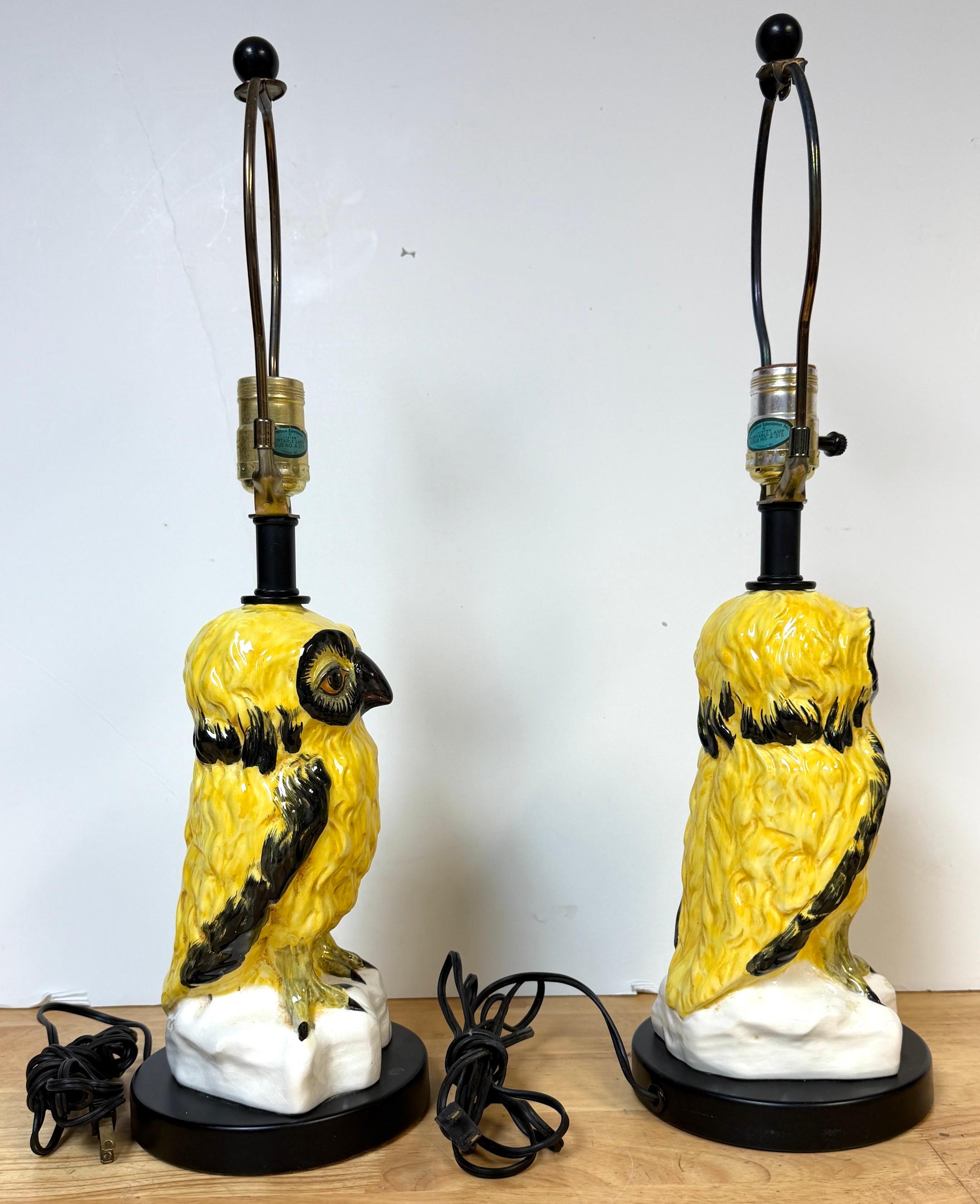 Pair of Mid-Century Italian Spectacled Owl Pottery Lamps, 1960s In Good Condition For Sale In West Palm Beach, FL