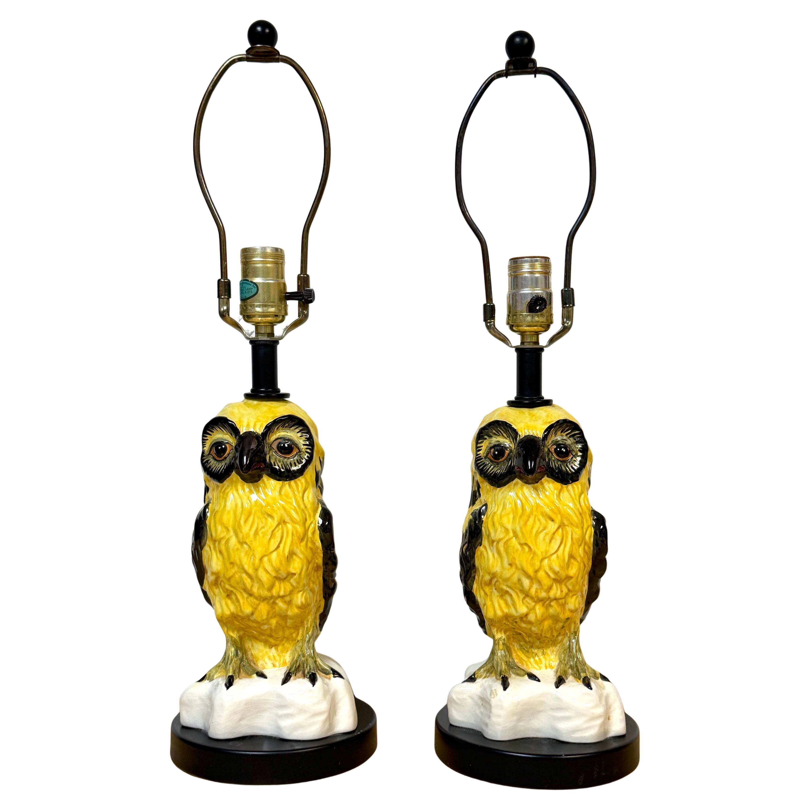 Pair of Mid-Century Italian Spectacled Owl Pottery Lamps, 1960s