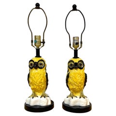 Pair of Mid-Century Italian Spectacled Owl Pottery Lamps, 1960s