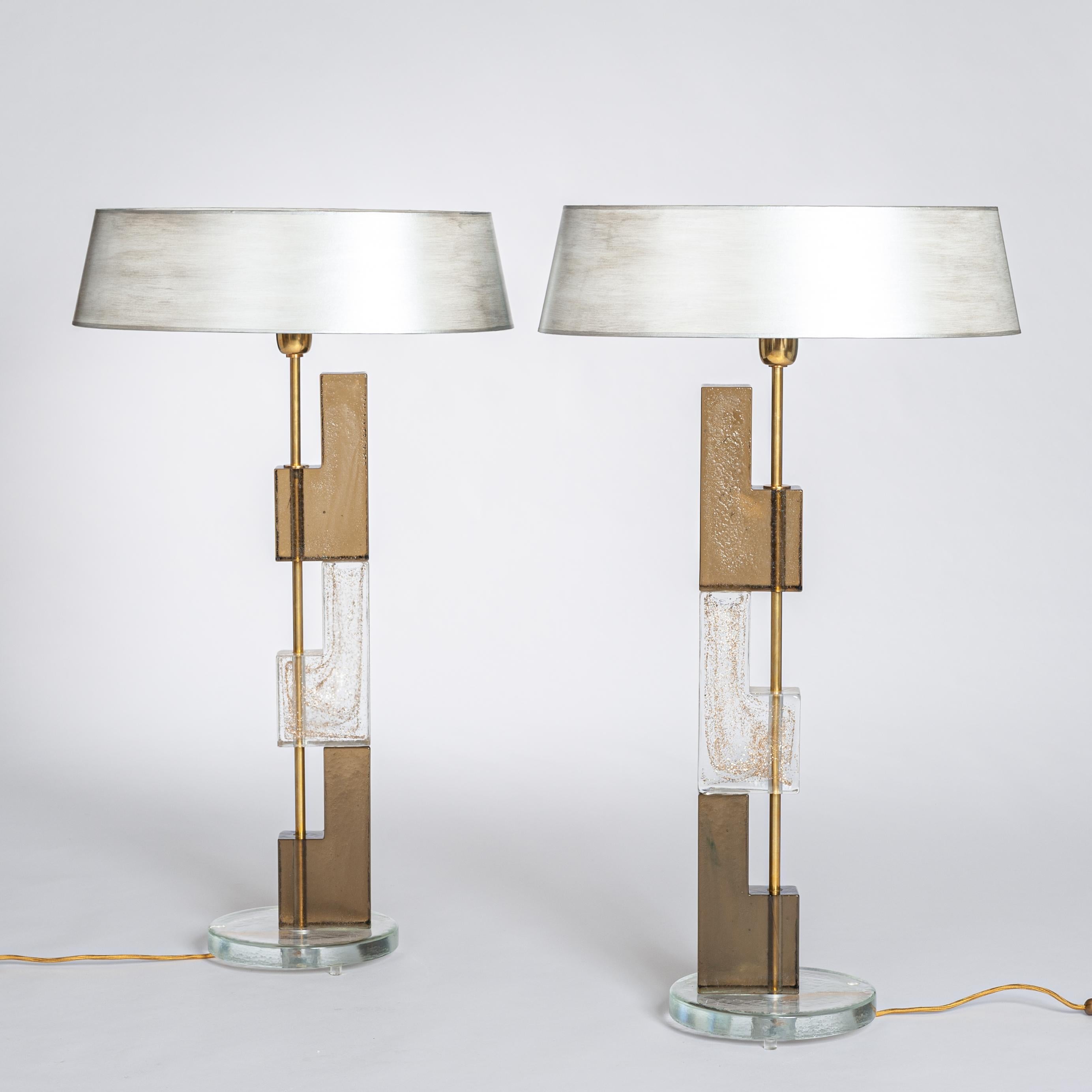 Mid-Century Modern Pair of Late Mid-Century Italian Squared Murano Glass Table Lamps in Brown-Clear