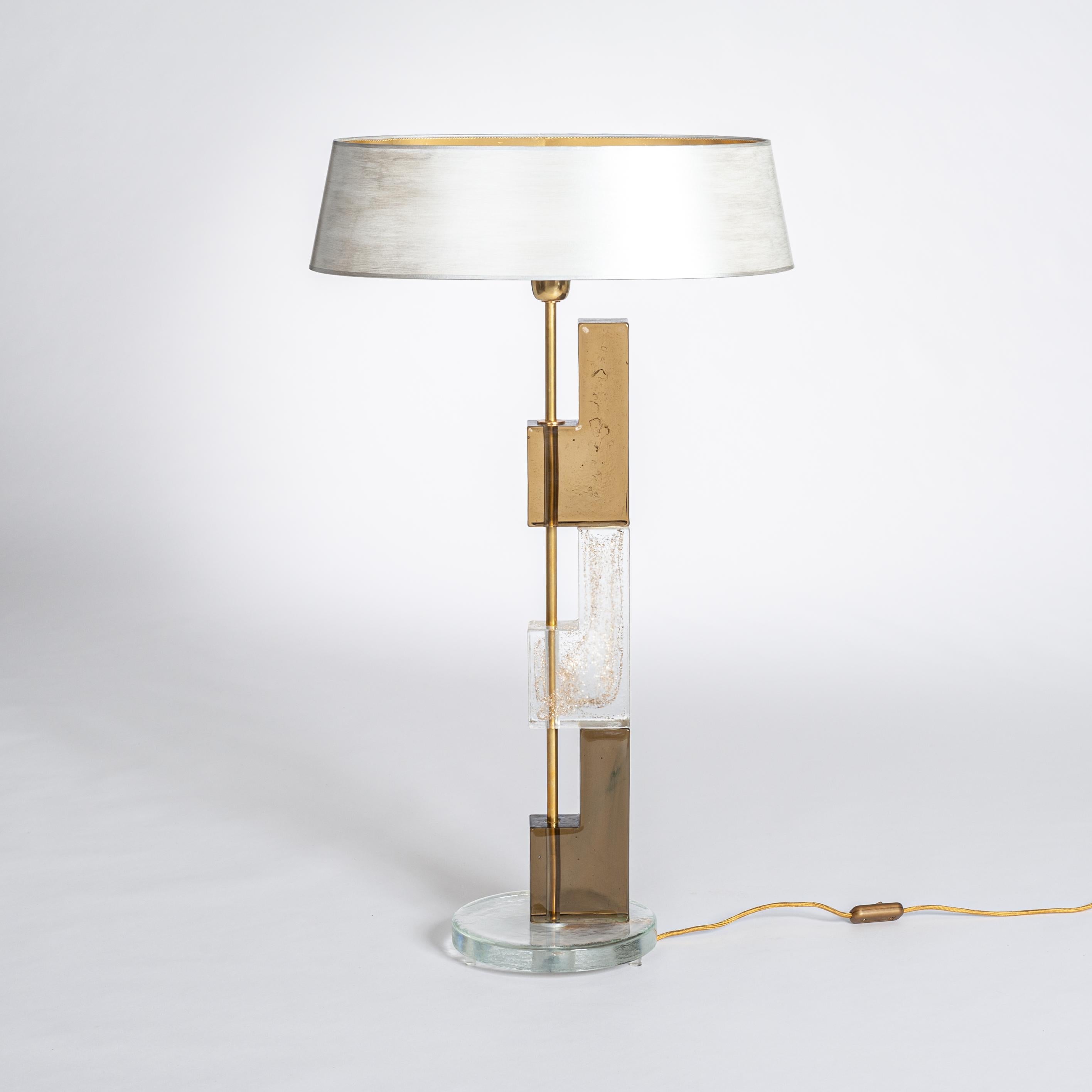 Late 20th Century Pair of Late Mid-Century Italian Squared Murano Glass Table Lamps in Brown-Clear