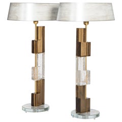 Pair of Late Mid-Century Italian Squared Murano Glass Table Lamps in Brown-Clear