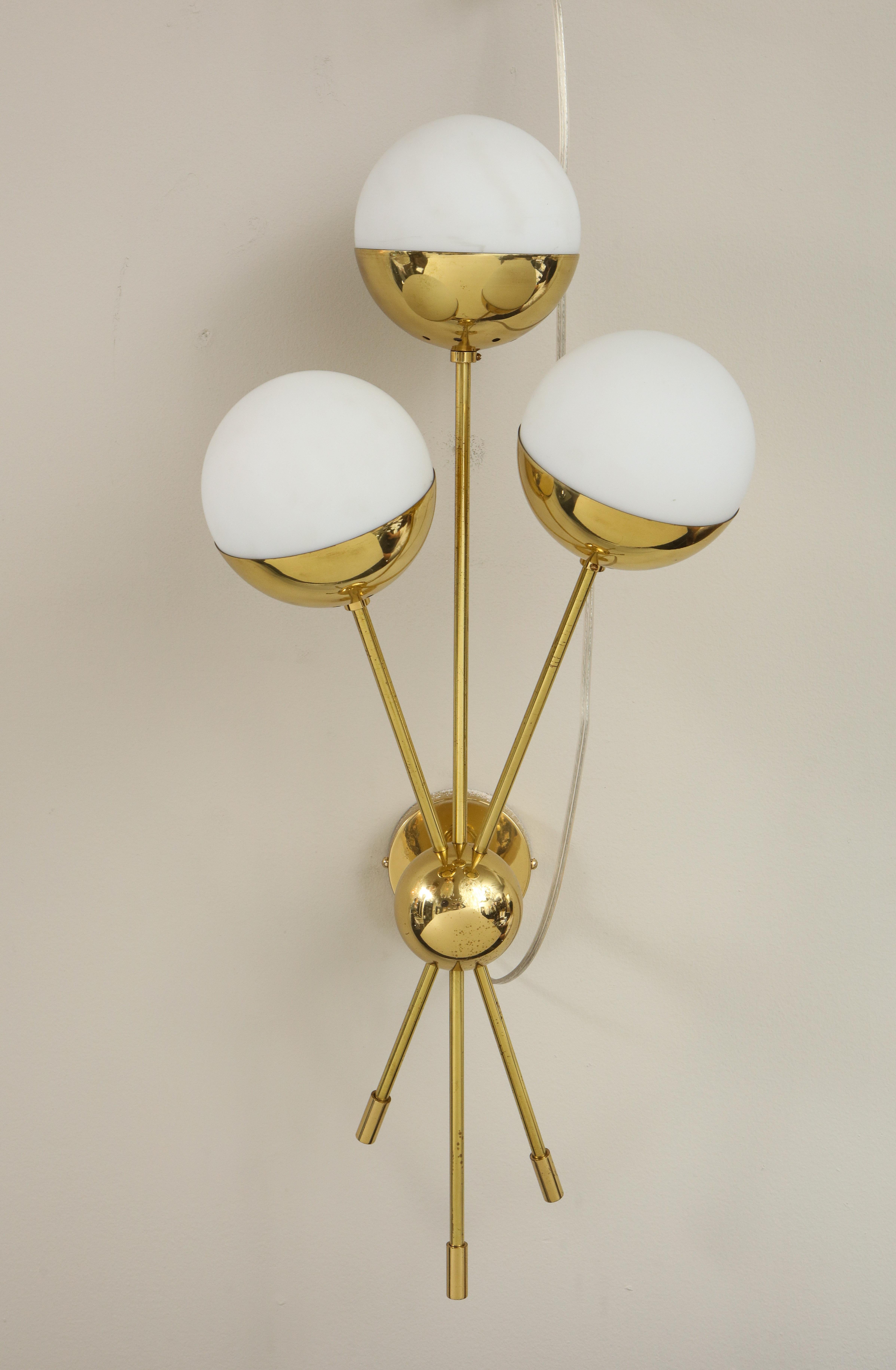 Mid-Century Modern Pair of Vintage 3 Opaline Globe Stilnovo Sconces in Polished Brass