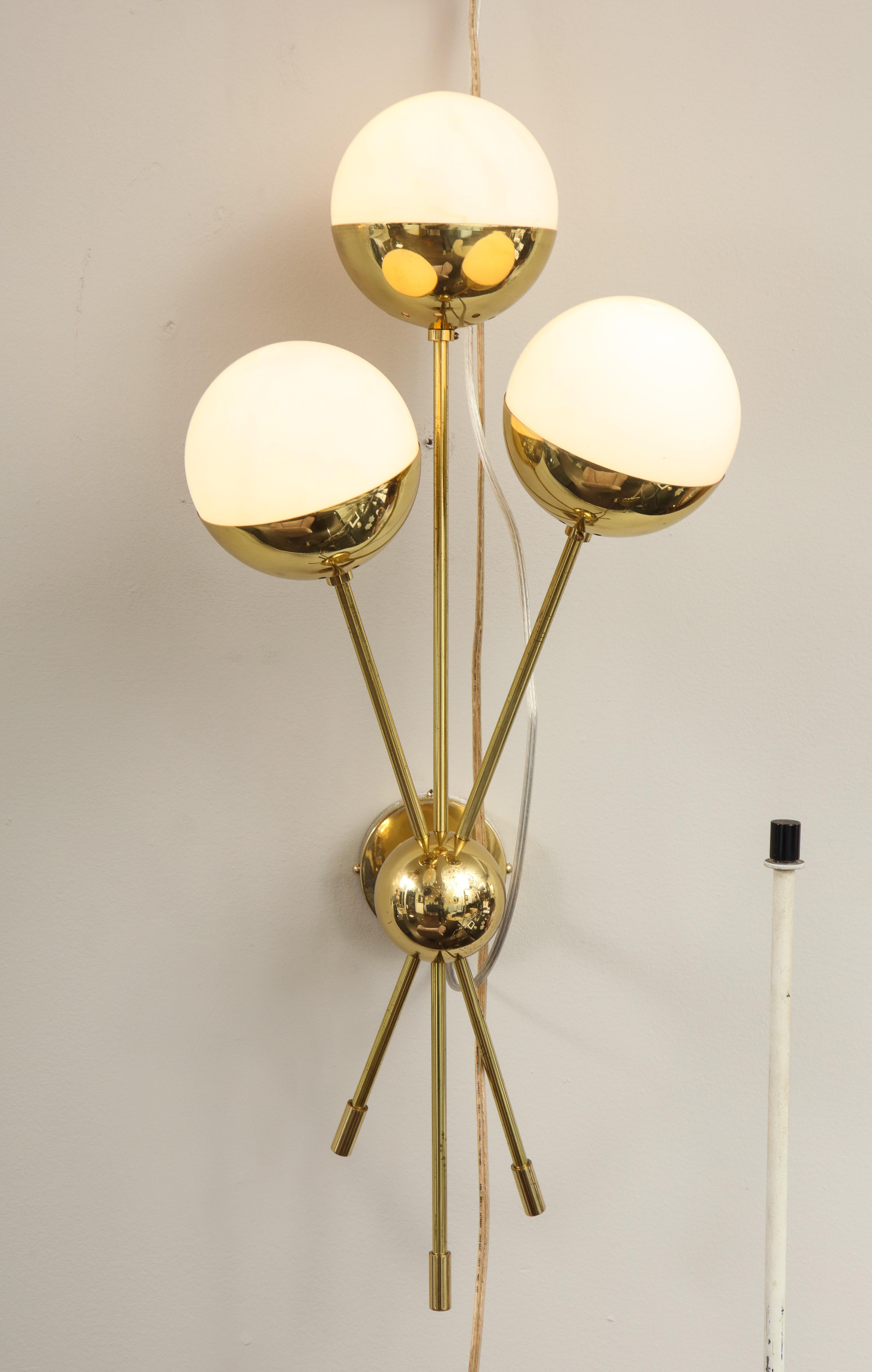 Pair of Vintage 3 Opaline Globe Stilnovo Sconces in Polished Brass 4