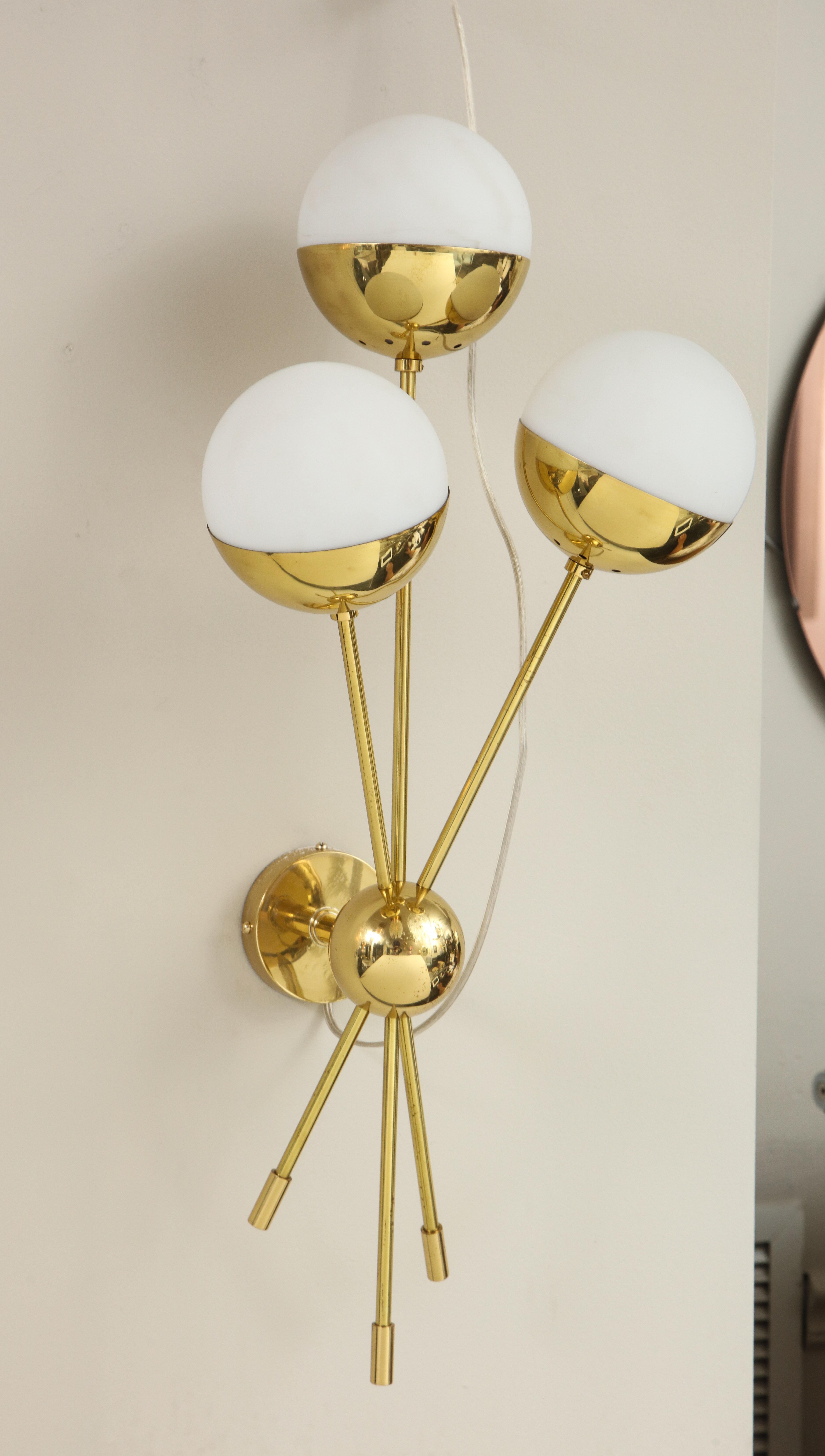 Pair of Vintage 3 Opaline Globe Stilnovo Sconces in Polished Brass In Good Condition In New York, NY
