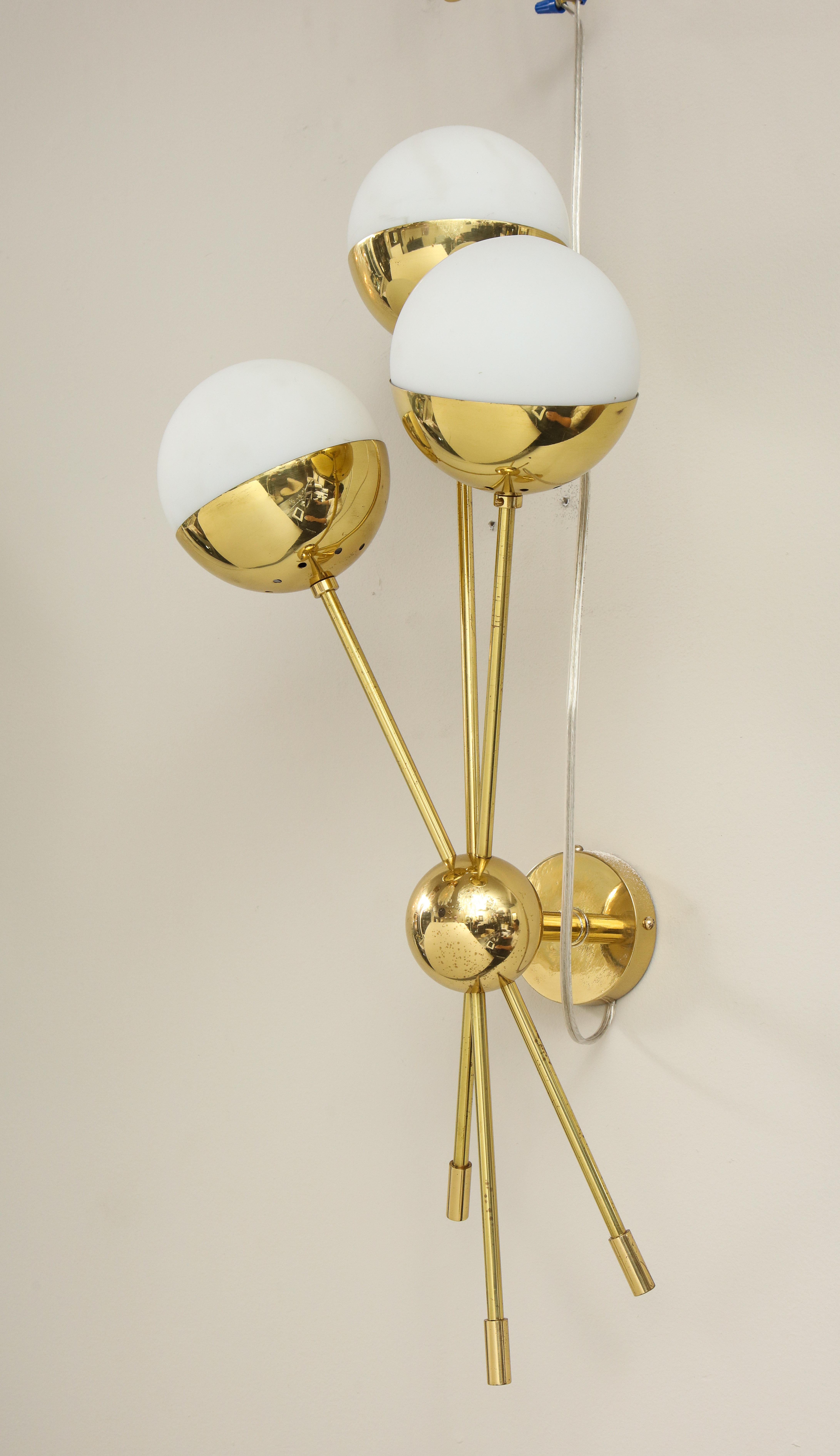 Italian Pair of Vintage 3 Opaline Globe Stilnovo Sconces in Polished Brass