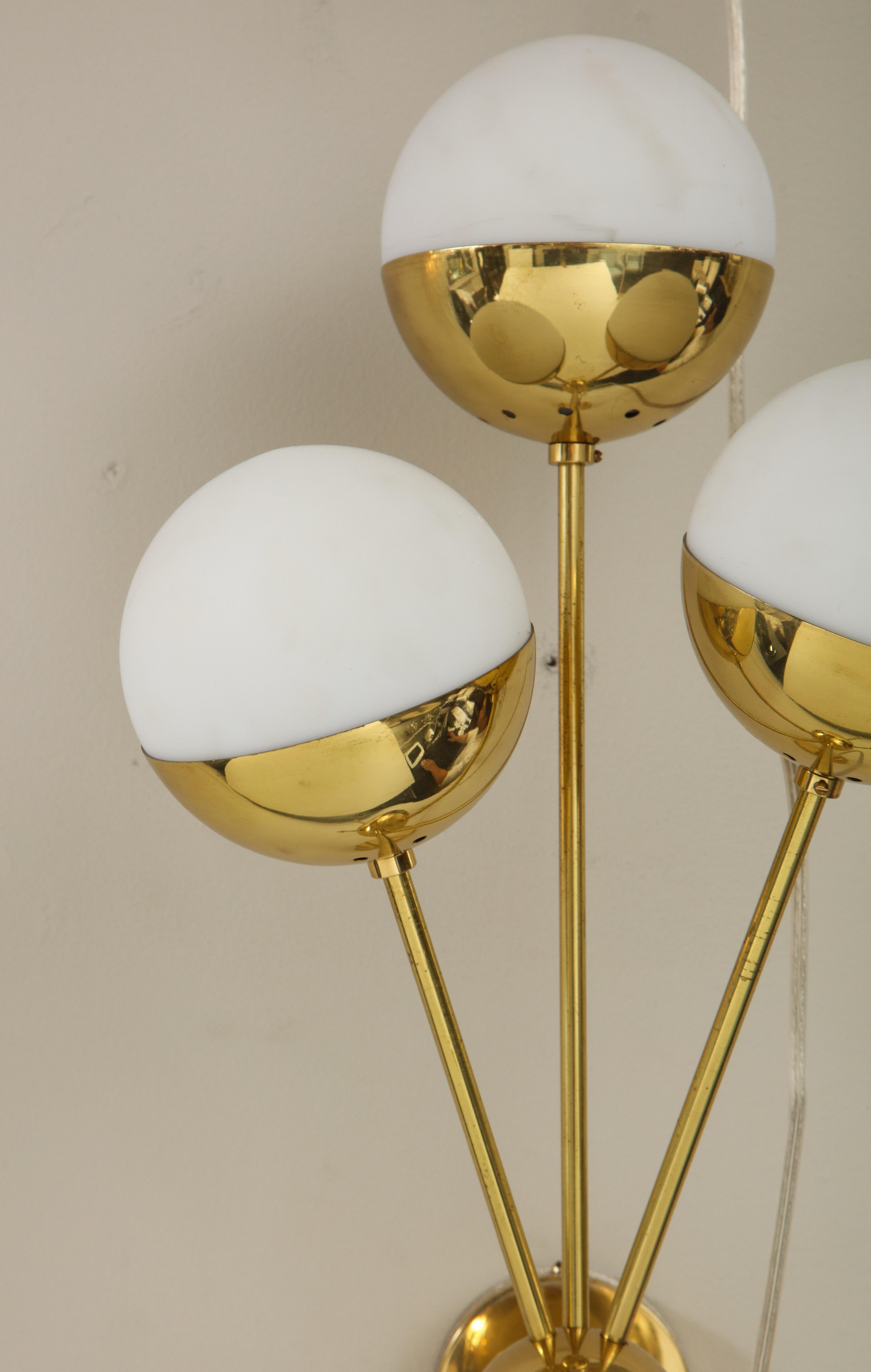 Pair of Vintage 3 Opaline Globe Stilnovo Sconces in Polished Brass 1
