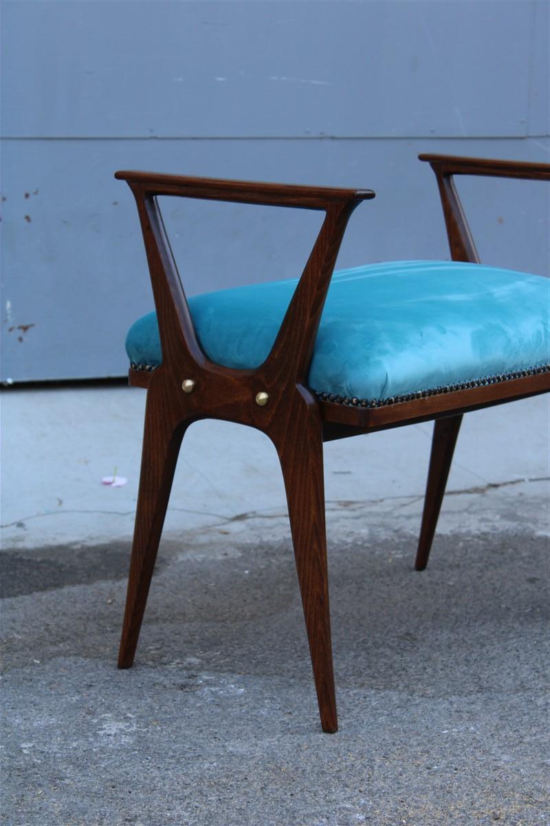 Mid-20th Century Pair of Mid-Century Italian Stools Walnut and Blue Velvet Brass Carlo de Carli For Sale