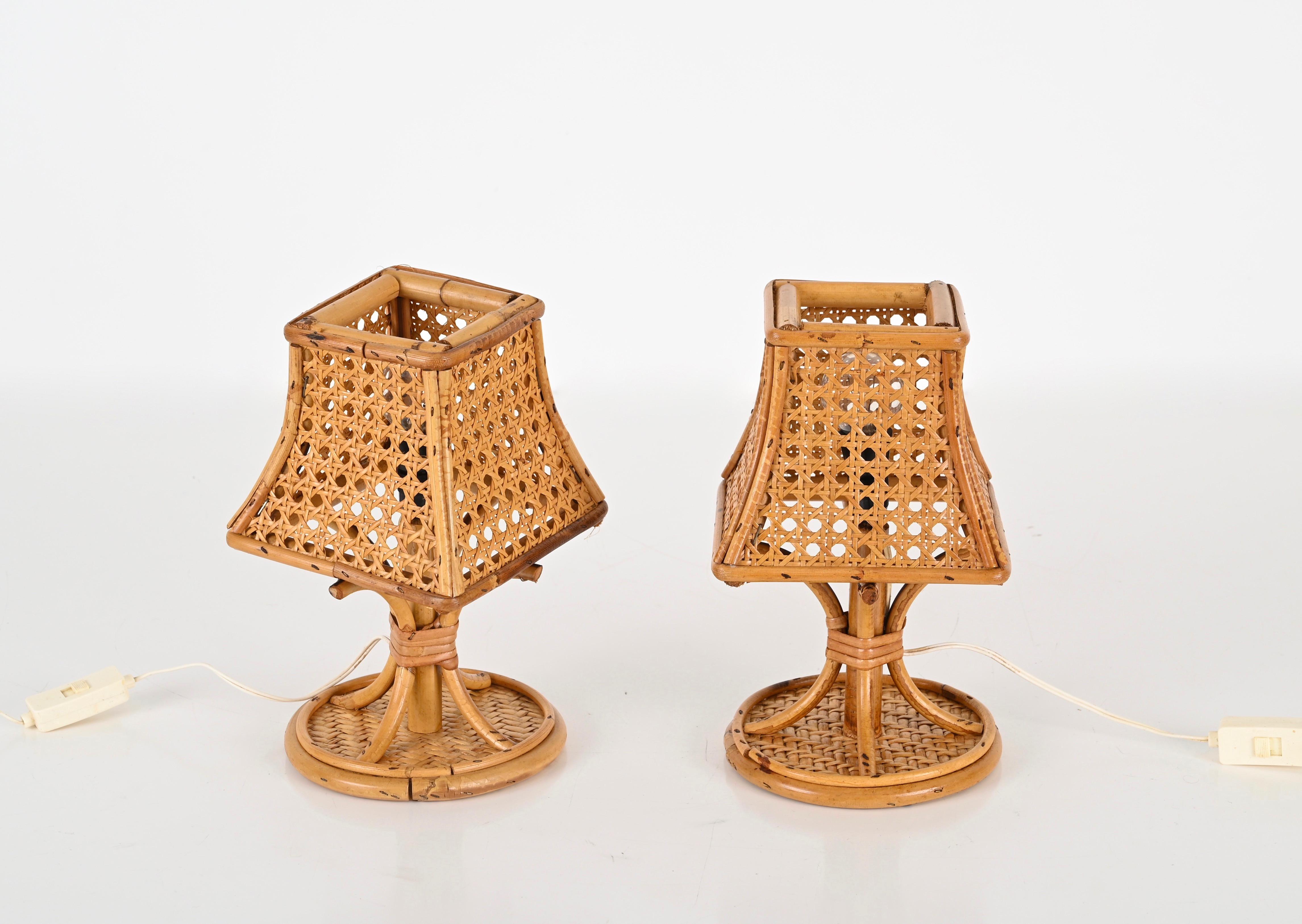 Pair of Mid-Century Italian Table Lamps in Rattan and Vienna Straw, 1960s For Sale 3