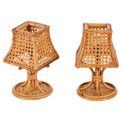 Vintage Pair of Mid-Century Italian Table Lamps in Rattan and Vienna Straw, 1960s