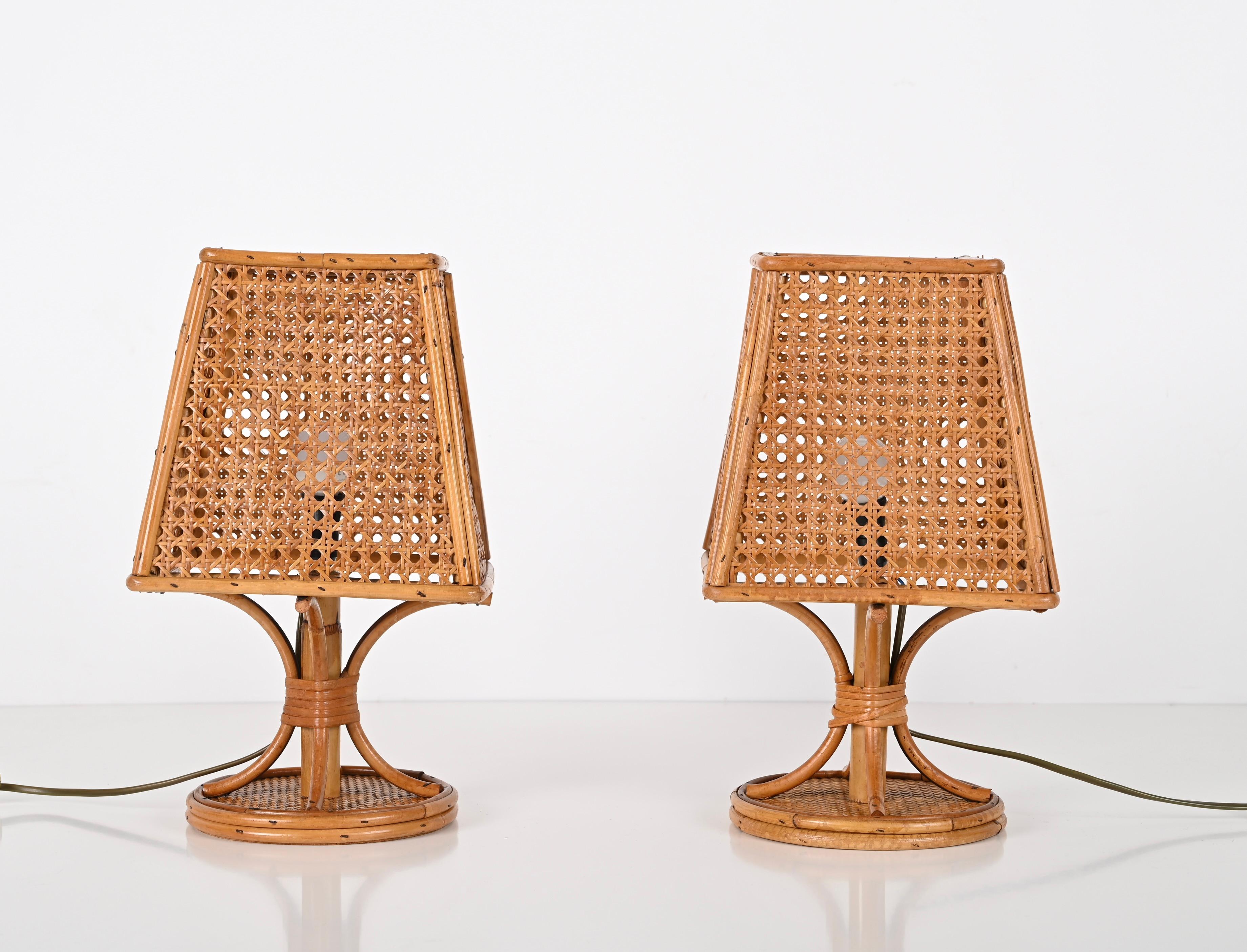 Pair of Midcentury Italian Table Lamps in Wicker and Rattan, 1960s 4