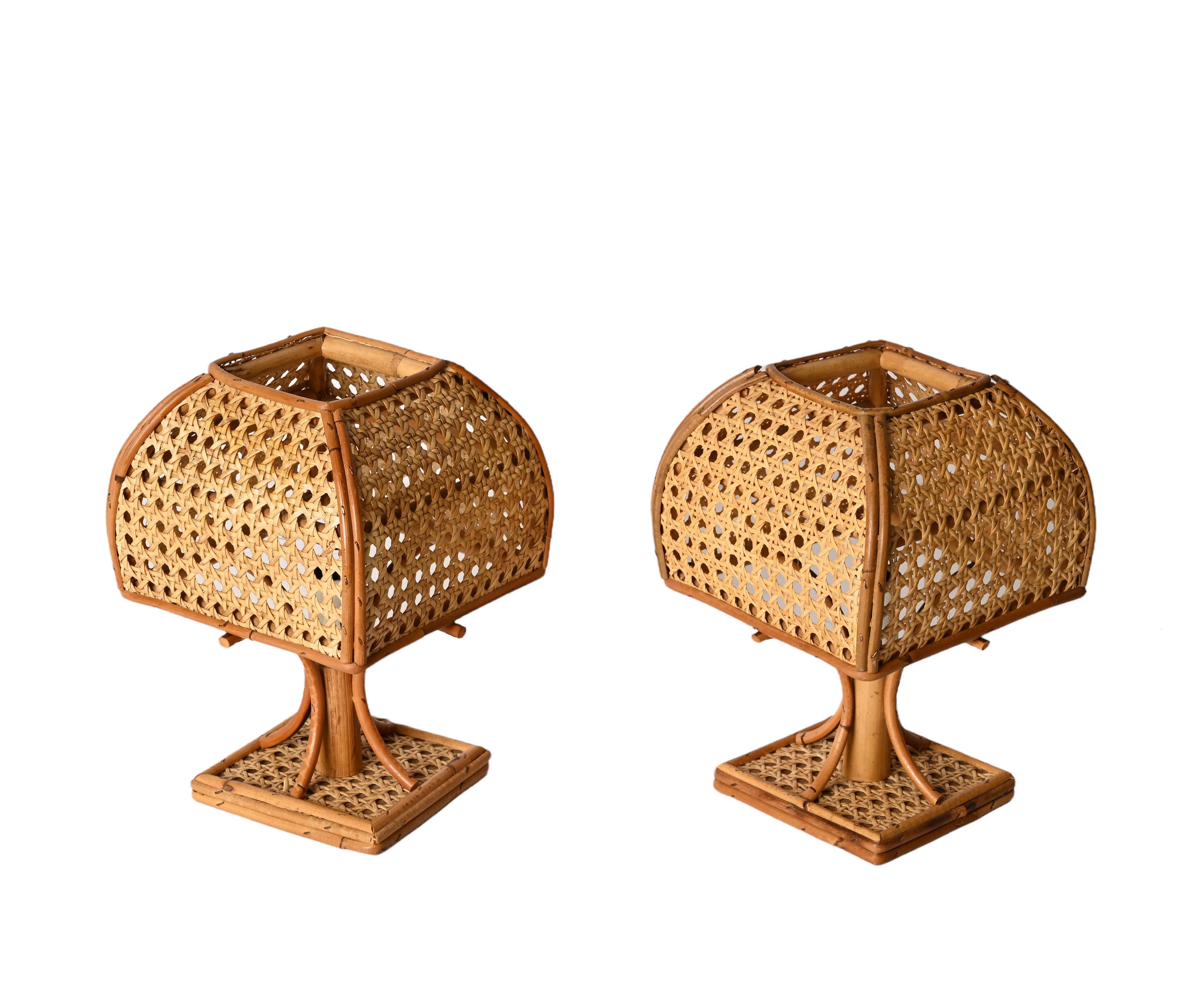 Pair of Mid-Century Italian Table Lamps in Wicker and Rattan, 1960s 1