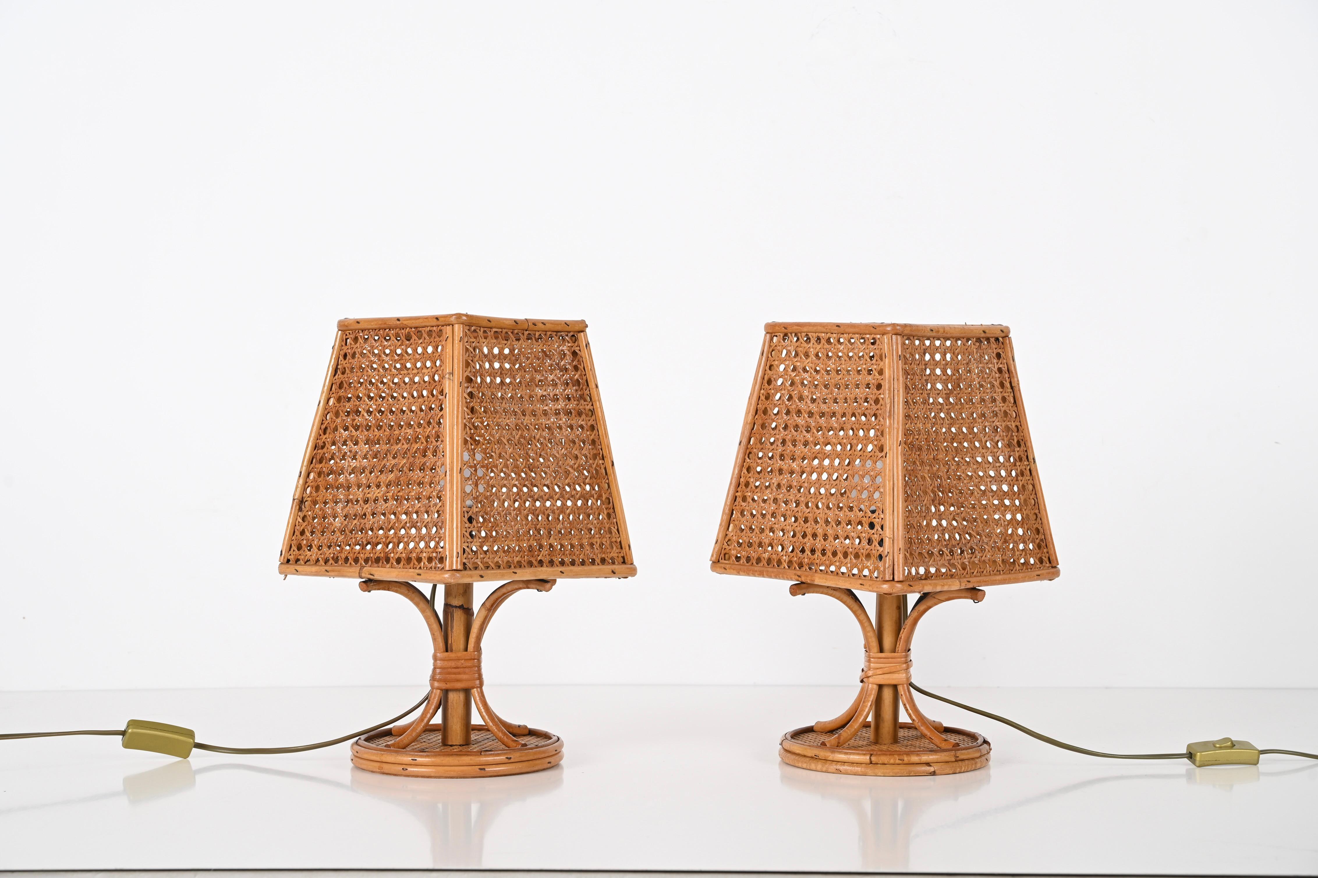 Pair of Midcentury Italian Table Lamps in Wicker and Rattan, 1960s 1