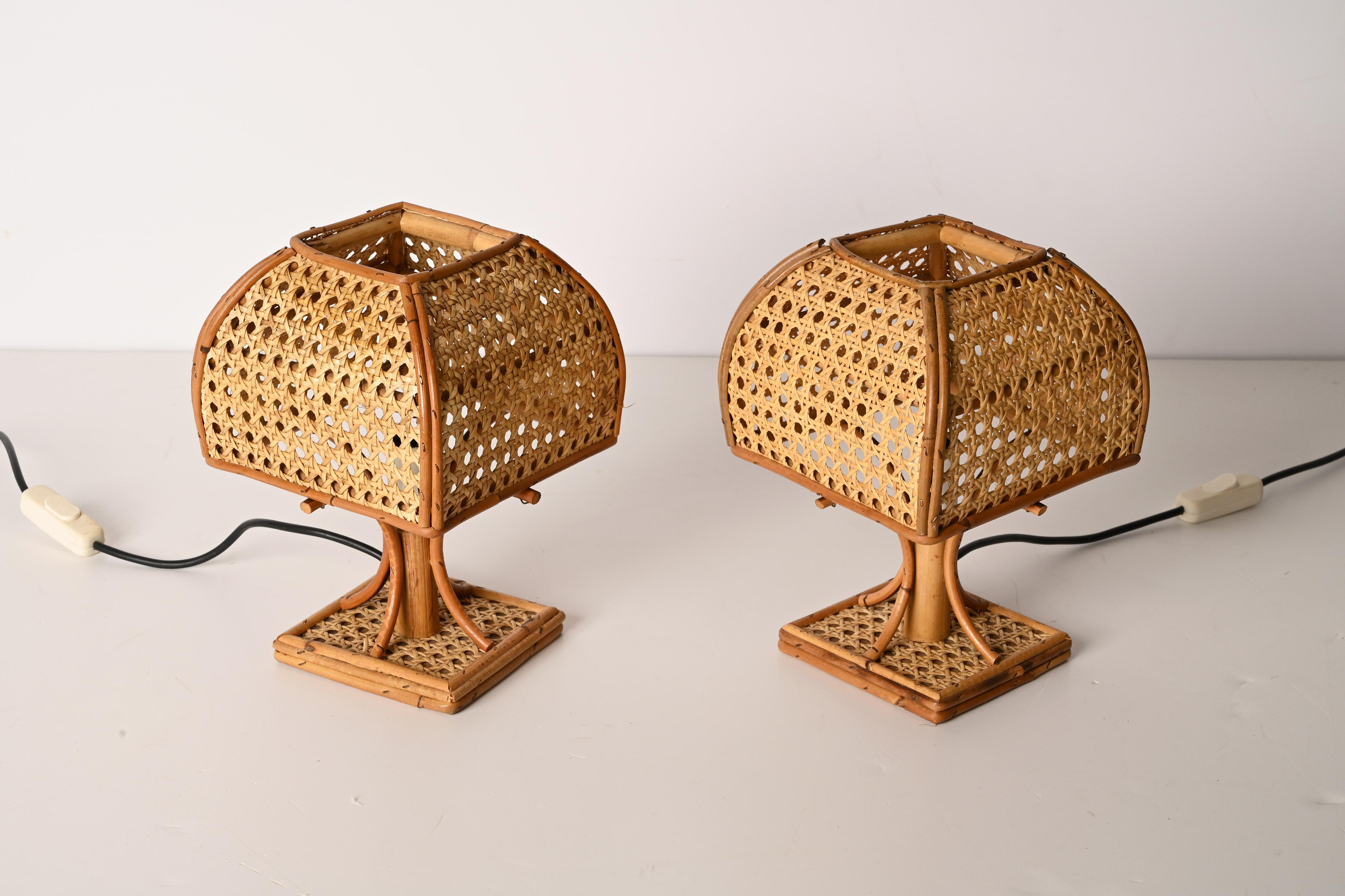 Pair of Mid-Century Italian Table Lamps in Wicker and Rattan, 1960s 4