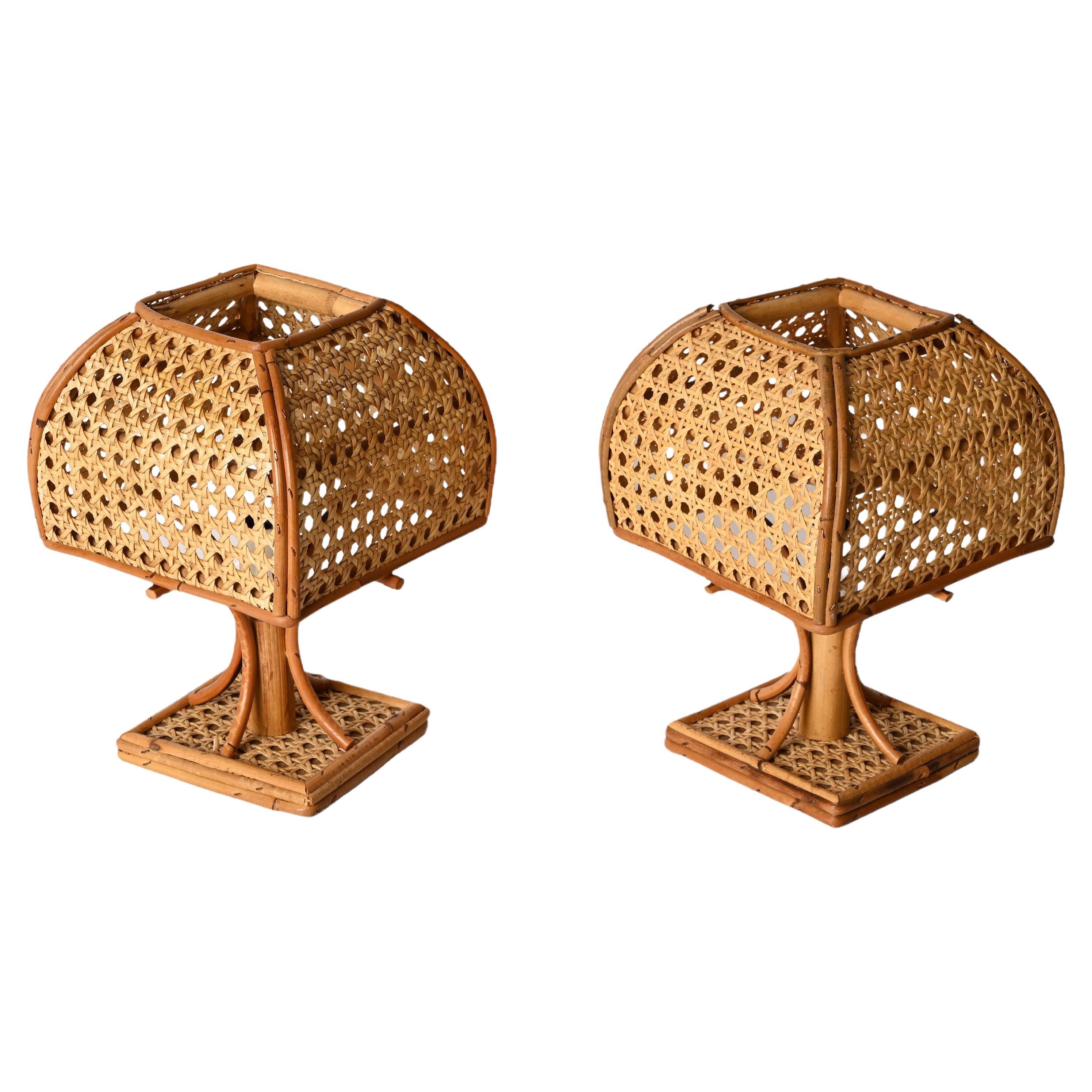 Pair of Mid-Century Italian Table Lamps in Wicker and Rattan, 1960s