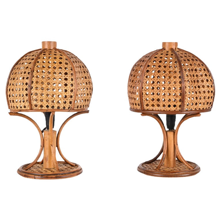Pair of MidCentury Italian Table Lamps in Wicker and Rattan, 1960s at