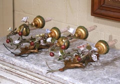 Pair of Mid-Century Italian Tole and Porcelain Floral Three-Light Wall Sconces