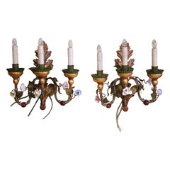 Pair of Mid-Century Italian Tole and Porcelain Floral Three-Light Wall Sconces