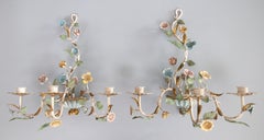 Pair of Mid-Century Italian Tole Wildflowers Floral Candle Sconces