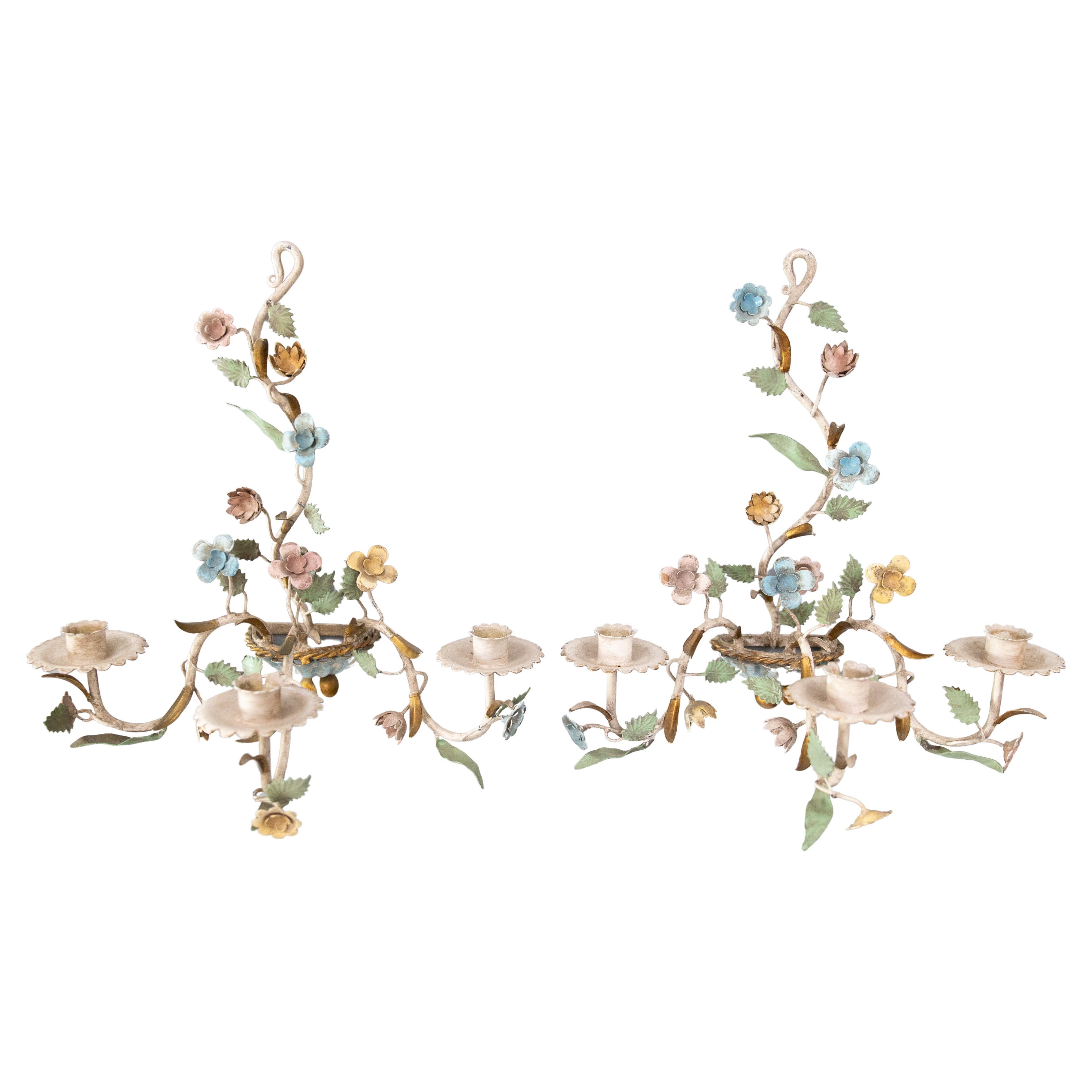 Pair of Mid-Century Italian Tole Wildflowers Floral Candle Sconces