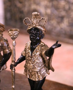 Pair of Mid-Century Italian Two-Tone Patinated Bronze Figure Candle Holders