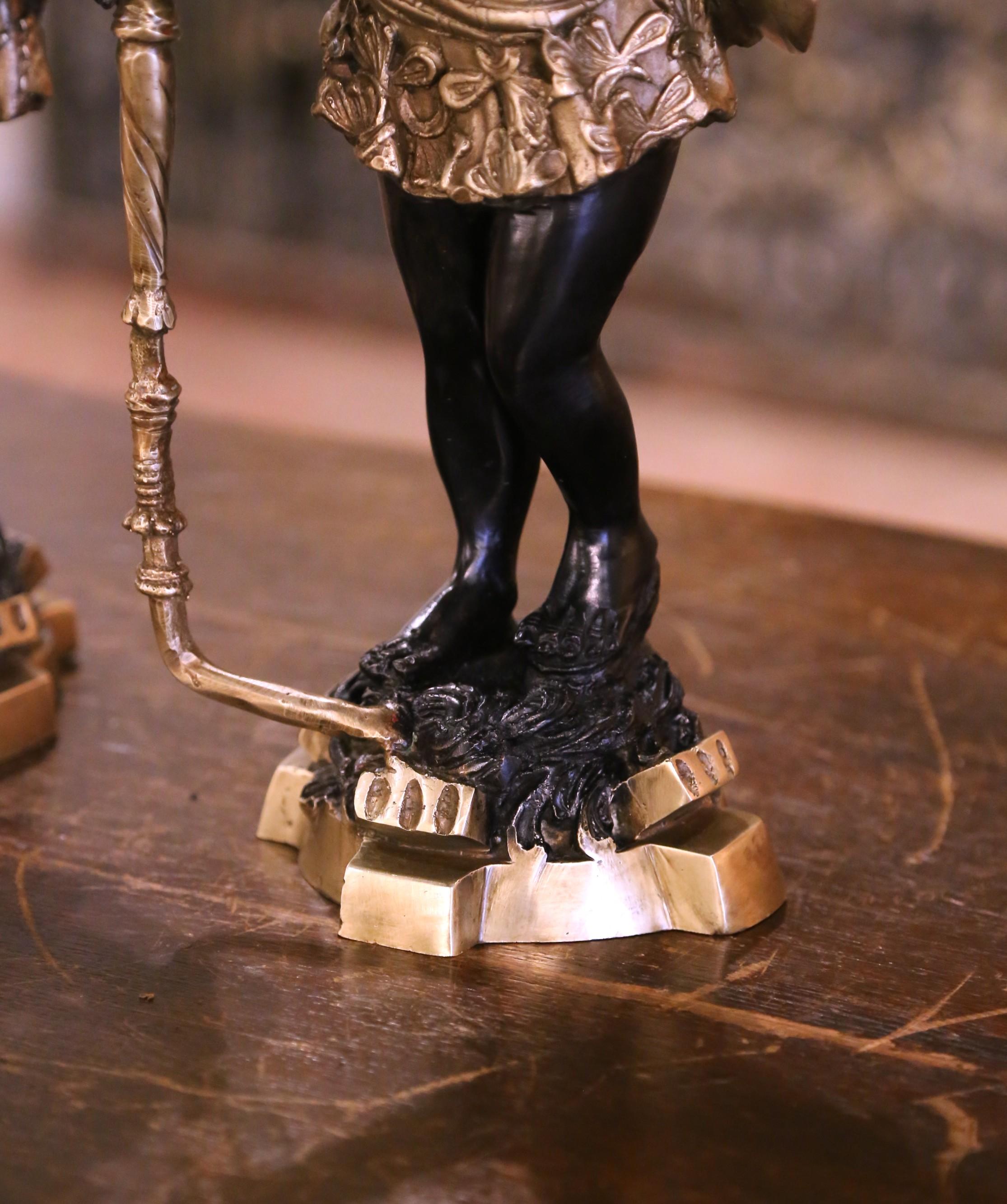 Rococo Pair of Mid-Century Italian Two-Tone Patinated Bronze Figure Candle Holders For Sale