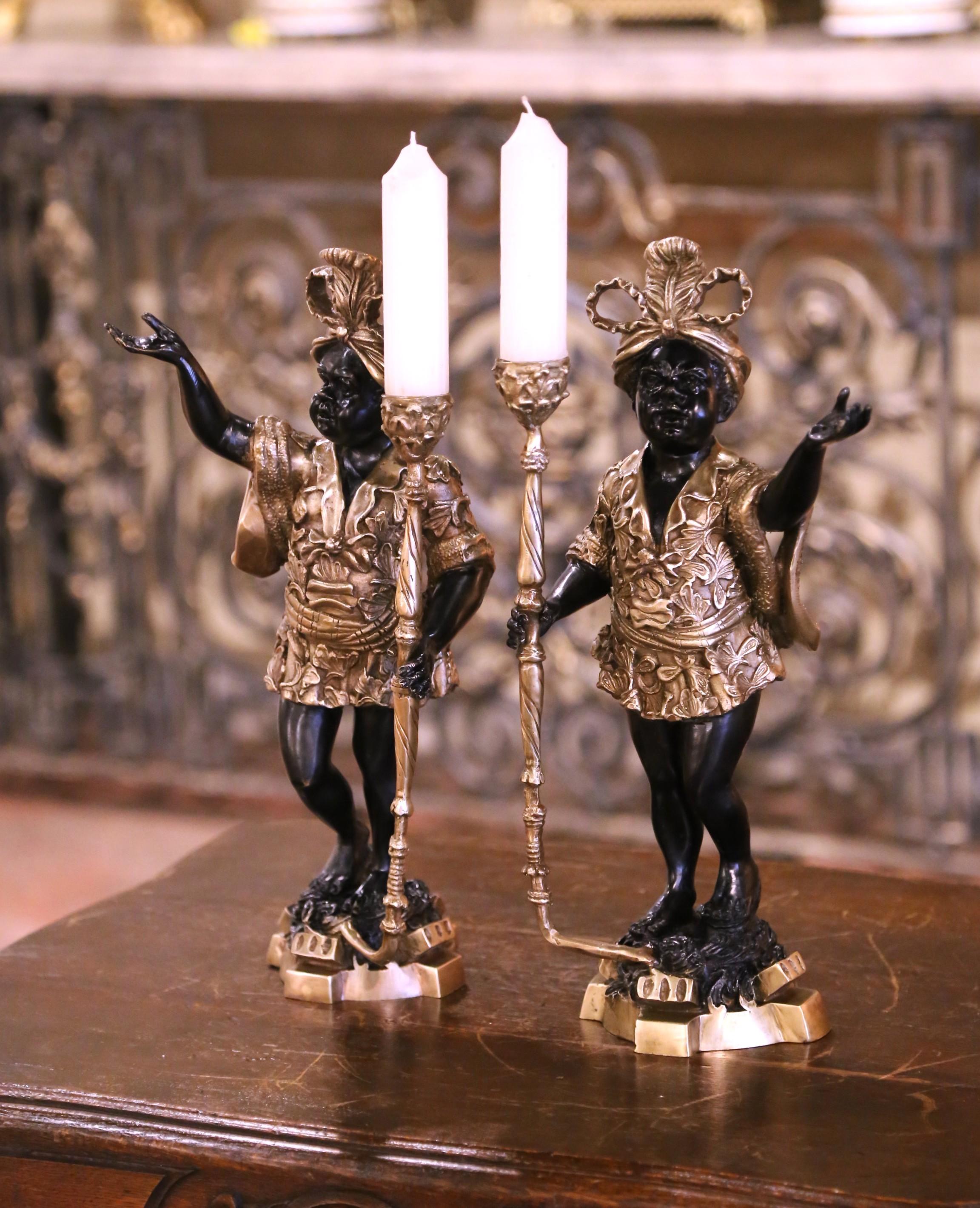 Gilt Pair of Mid-Century Italian Two-Tone Patinated Bronze Figure Candle Holders For Sale