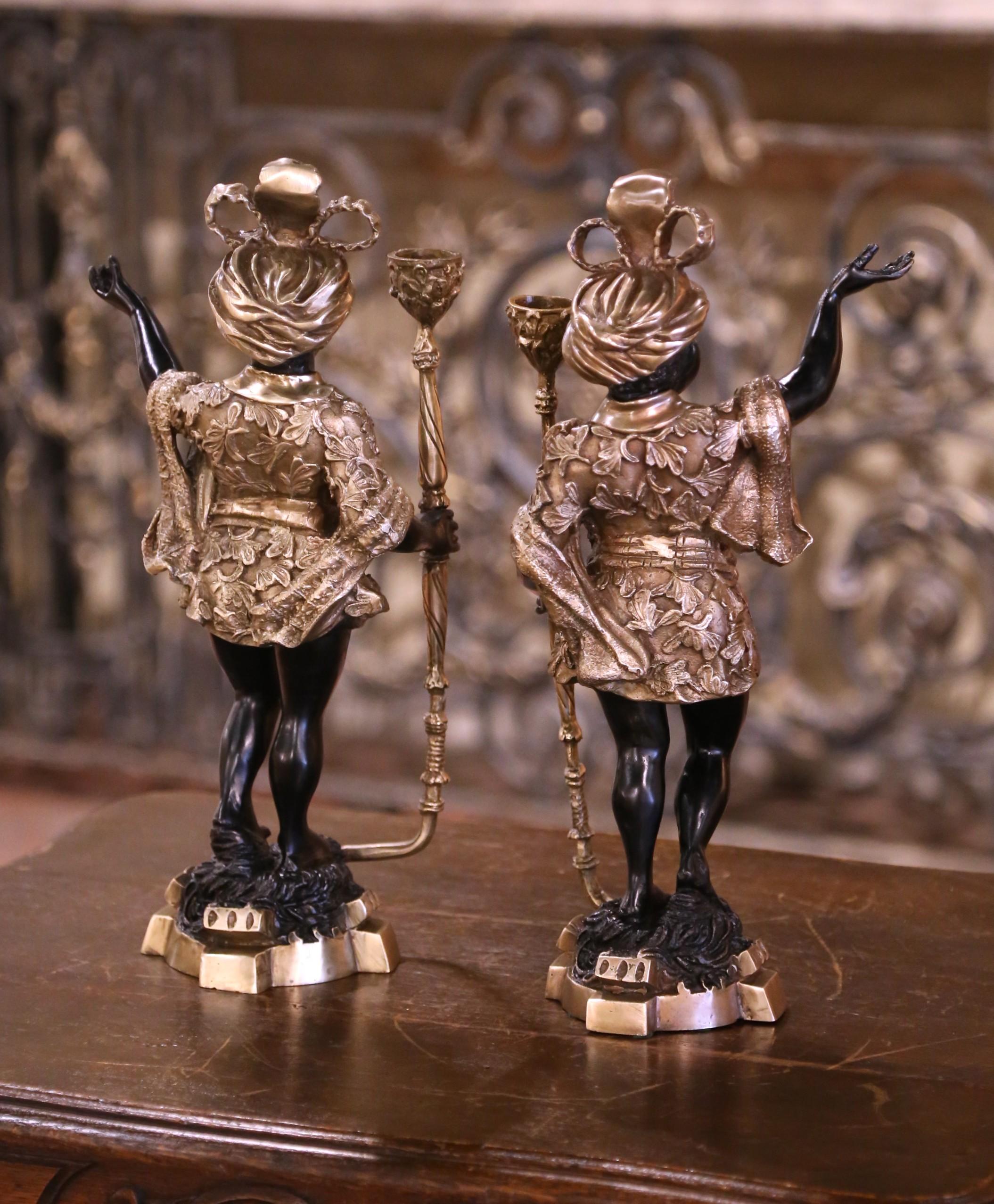 Pair of Mid-Century Italian Two-Tone Patinated Bronze Figure Candle Holders In Excellent Condition For Sale In Dallas, TX