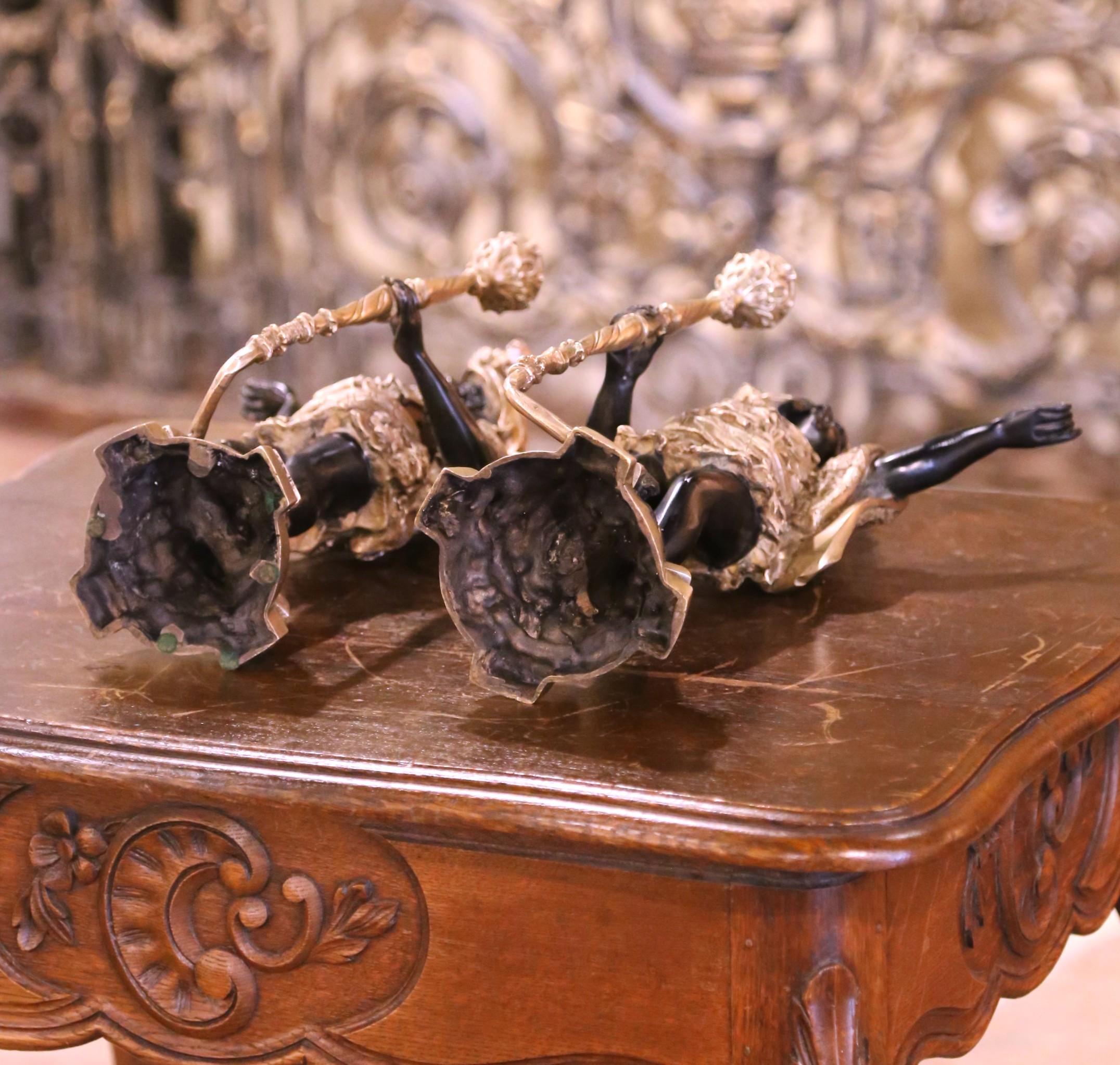 20th Century Pair of Mid-Century Italian Two-Tone Patinated Bronze Figure Candle Holders For Sale