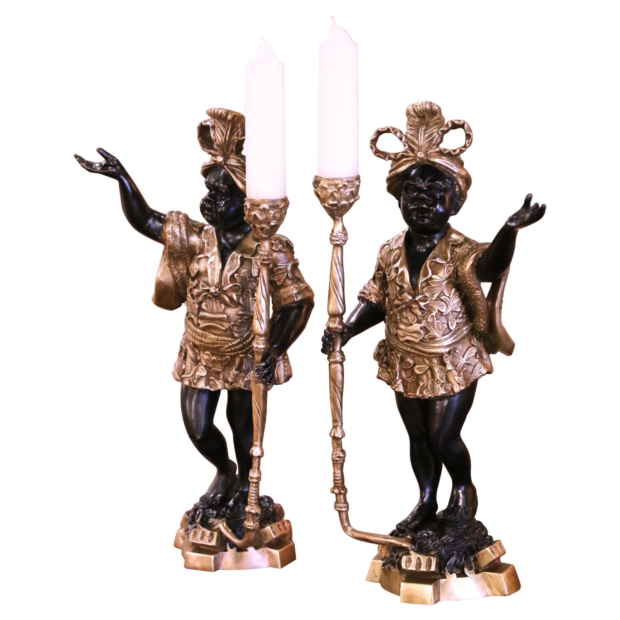 Pair of Mid-Century Italian Two-Tone Patinated Bronze Figure Candle Holders