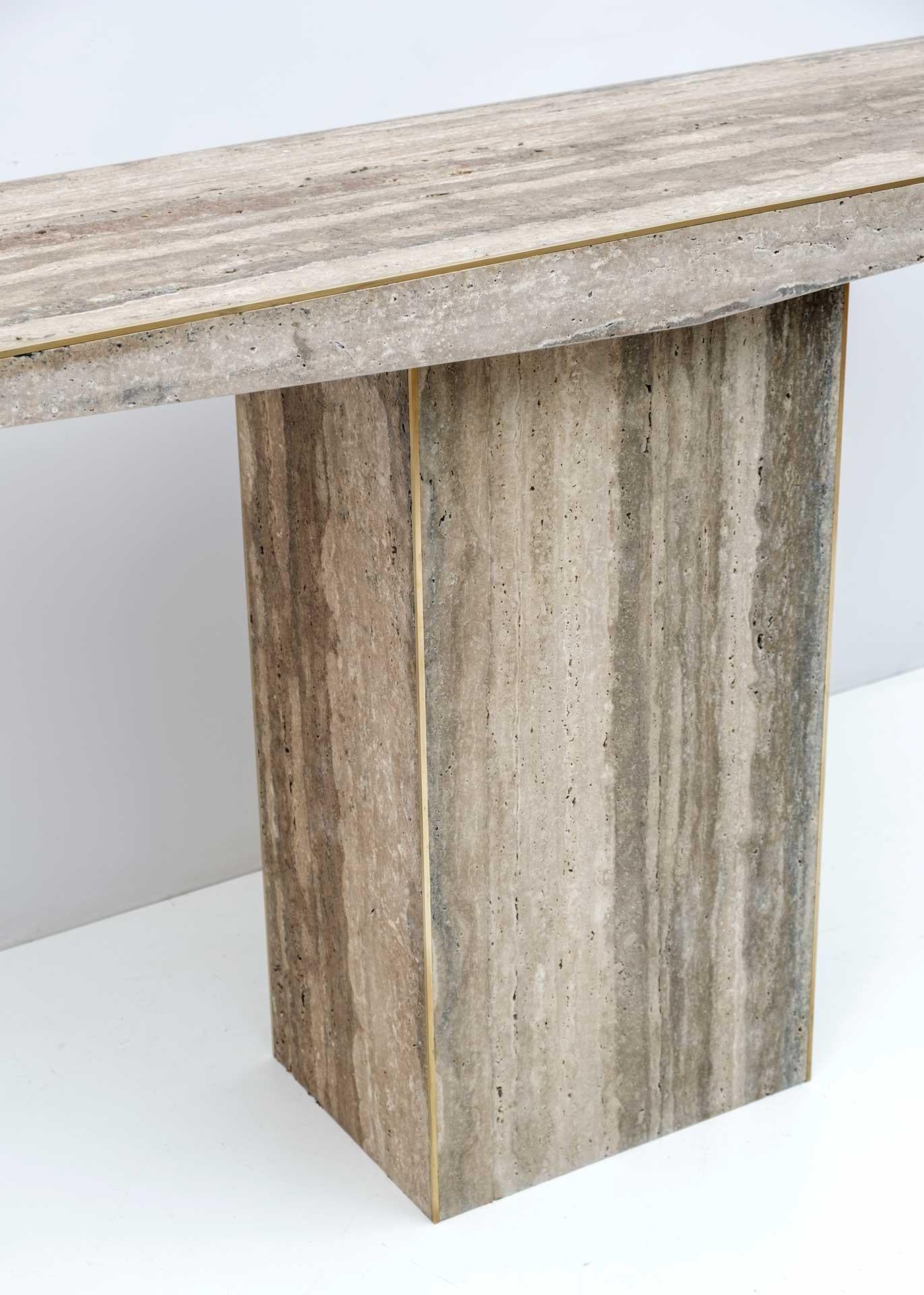 Pair of Mid Century Italian Unfilled Travertine and Brass Inlay Console Tables For Sale 3