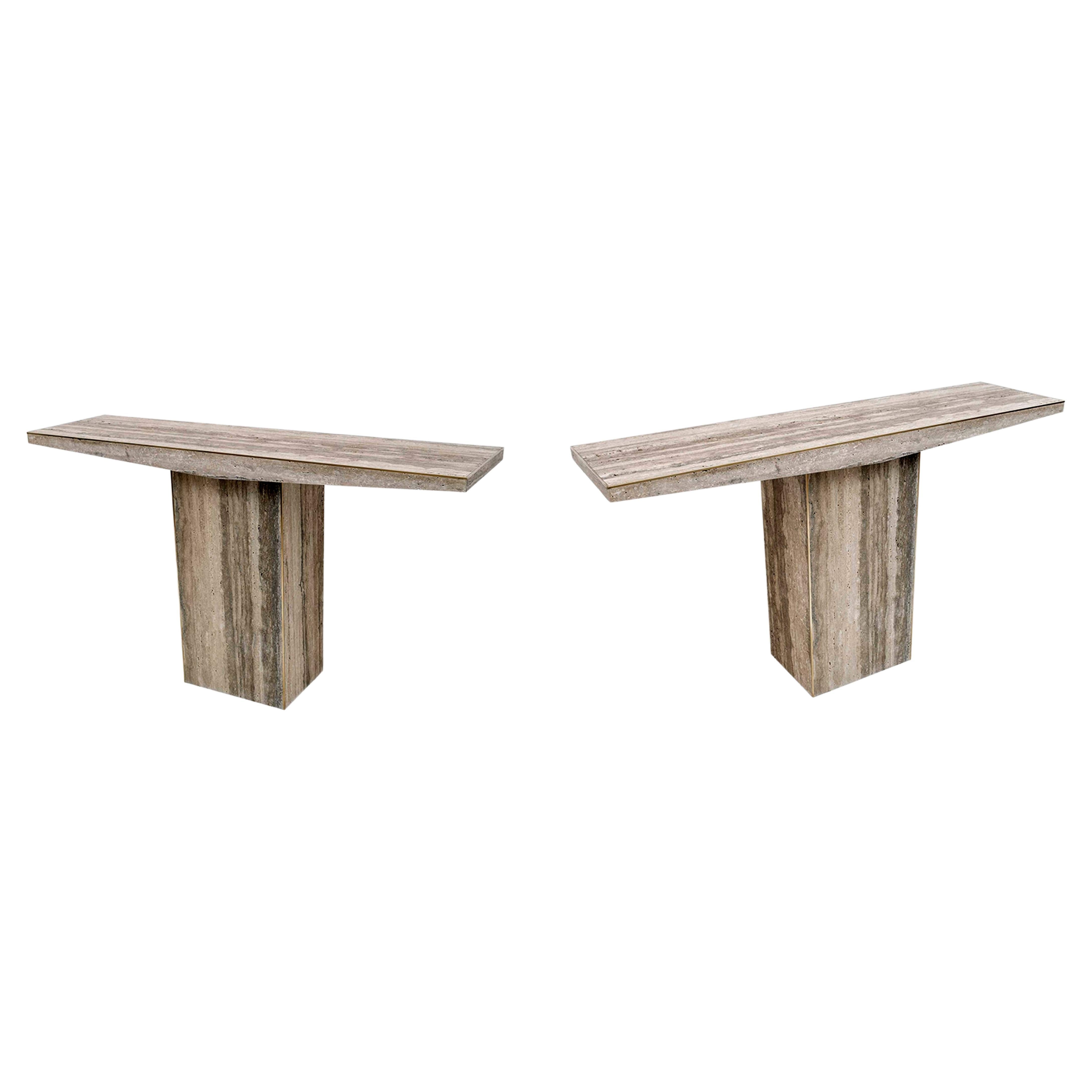 Pair of Mid Century Italian Unfilled Travertine and Brass Inlay Console Tables For Sale