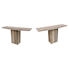 Pair of Mid Century Italian Unfilled Travertine and Brass Inlay Console Tables