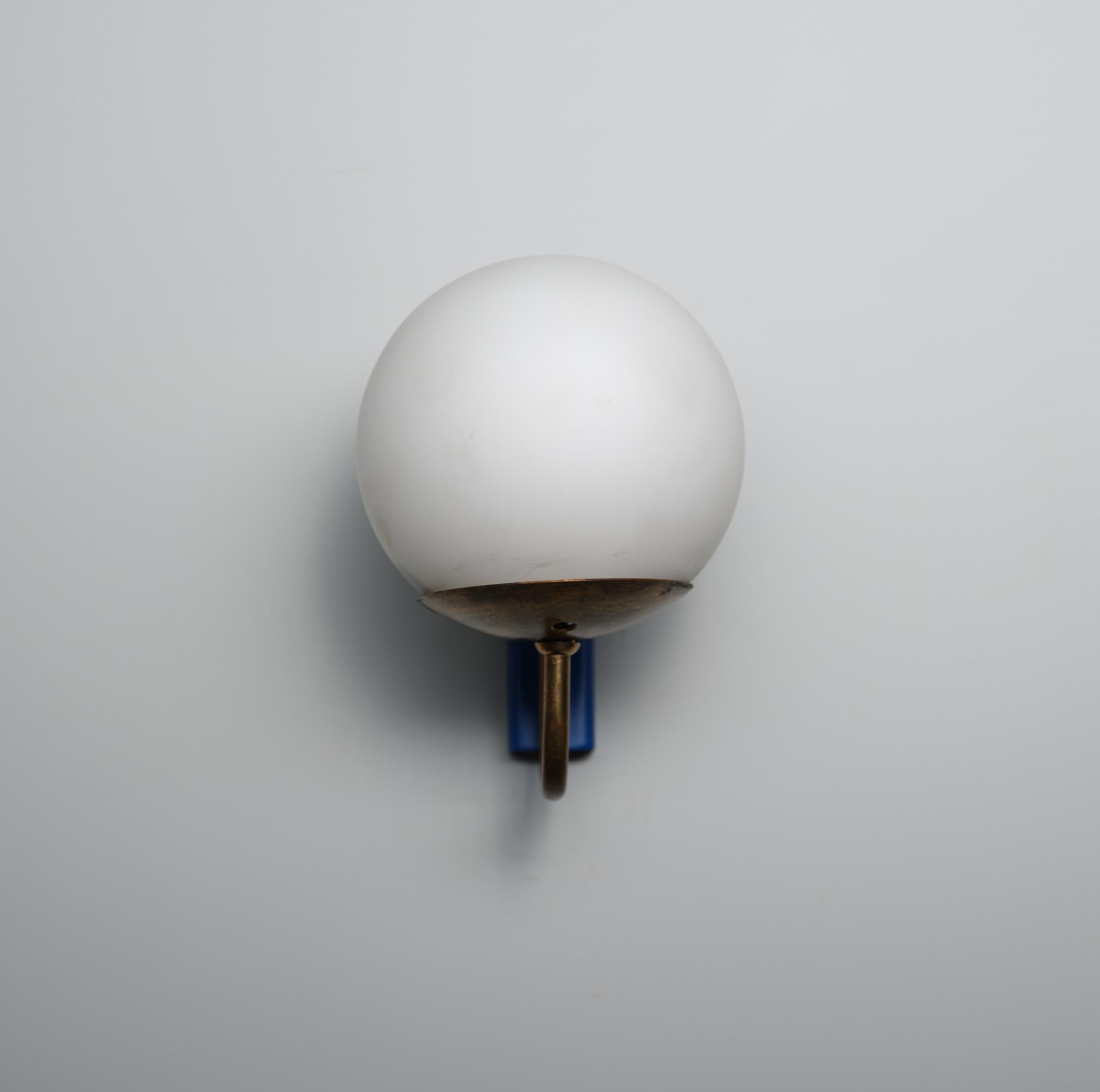 Mid-20th Century Pair of Mid-Century Italian Wall Sconces  Blue Enamel and Brass Details, 1950s