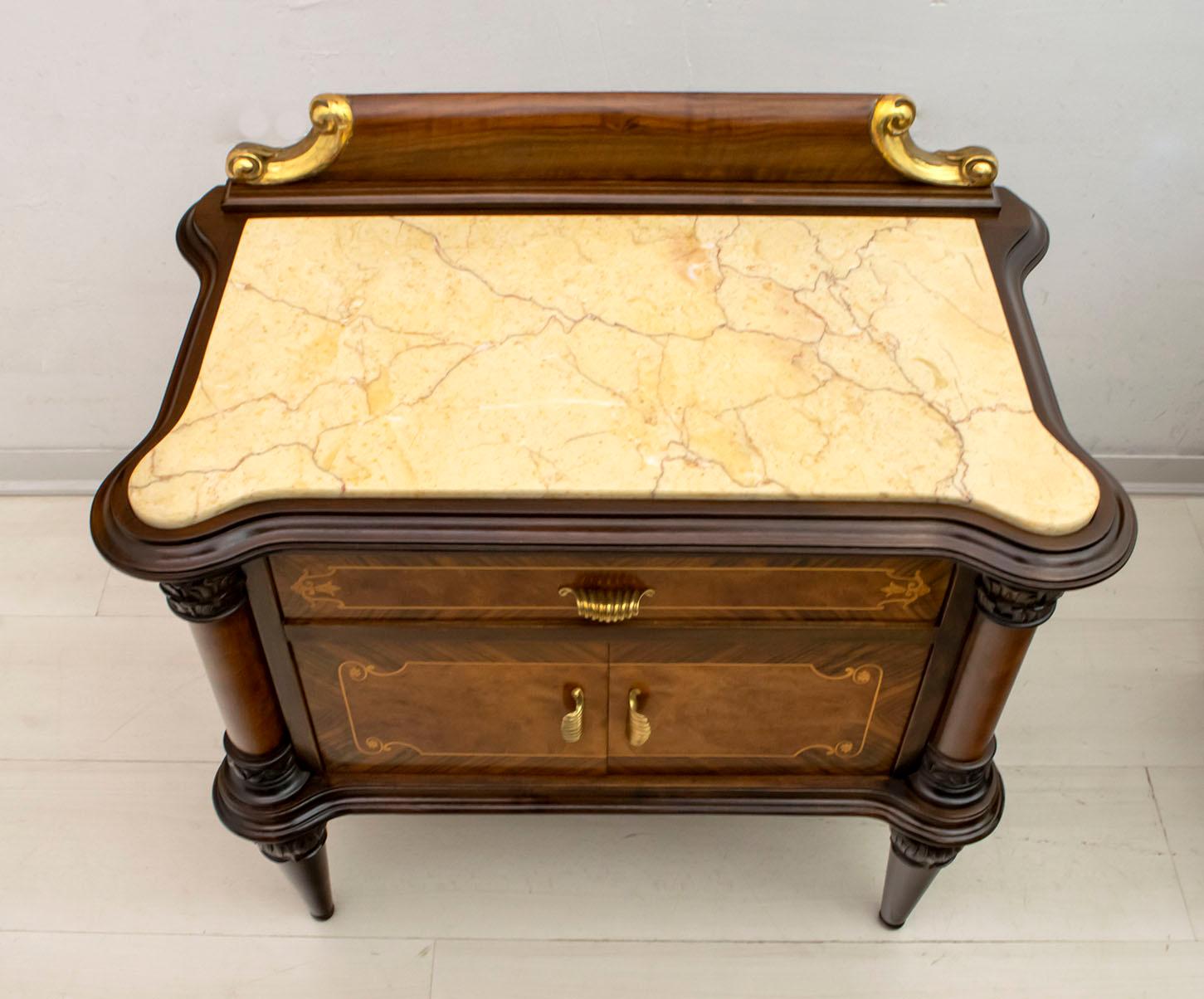 Pair of Midcentury Italian Walnut and Cream Valencia Marble Night Stands, 1940s For Sale 7