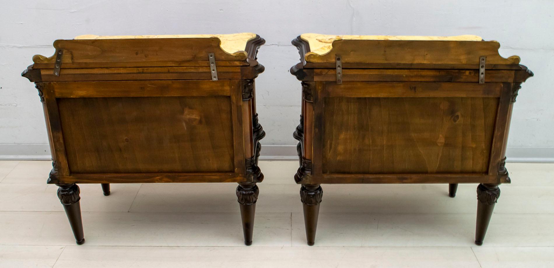 Pair of Midcentury Italian Walnut and Cream Valencia Marble Night Stands, 1940s For Sale 9