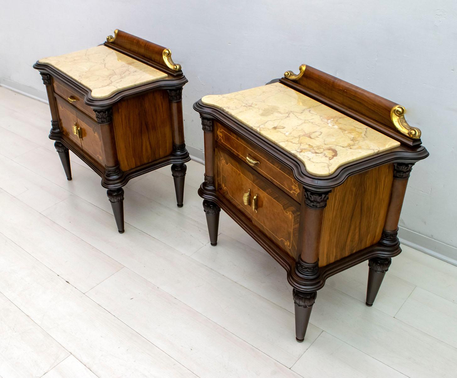 Pair of Midcentury Italian Walnut and Cream Valencia Marble Night Stands, 1940s For Sale 10