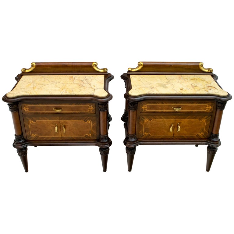 Pair of Midcentury Italian Walnut and Cream Valencia Marble Night Stands, 1940s For Sale